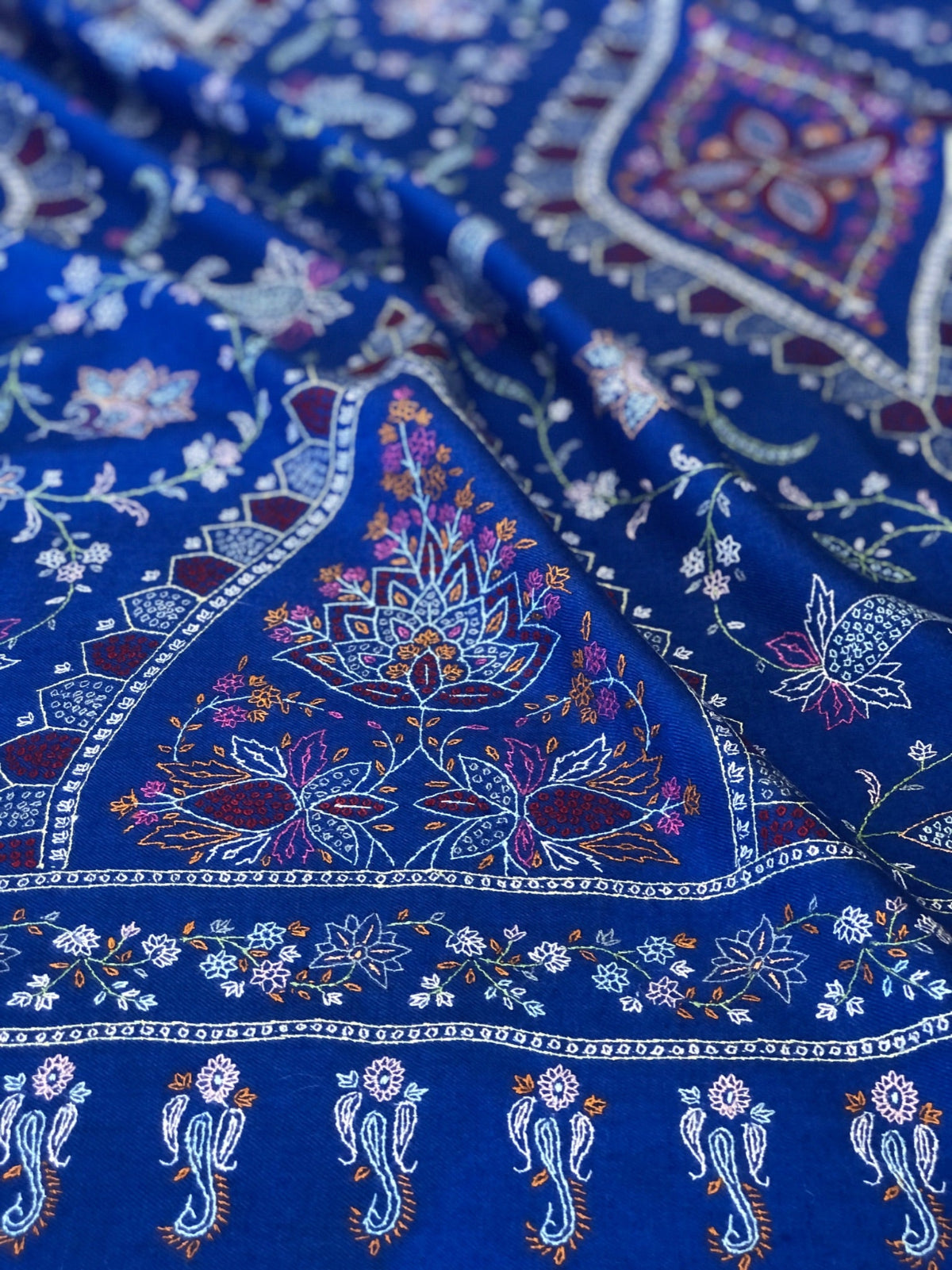 Vintage Royal Blue Floral Design Jamawar Embroidery Pashmina Shawl 10