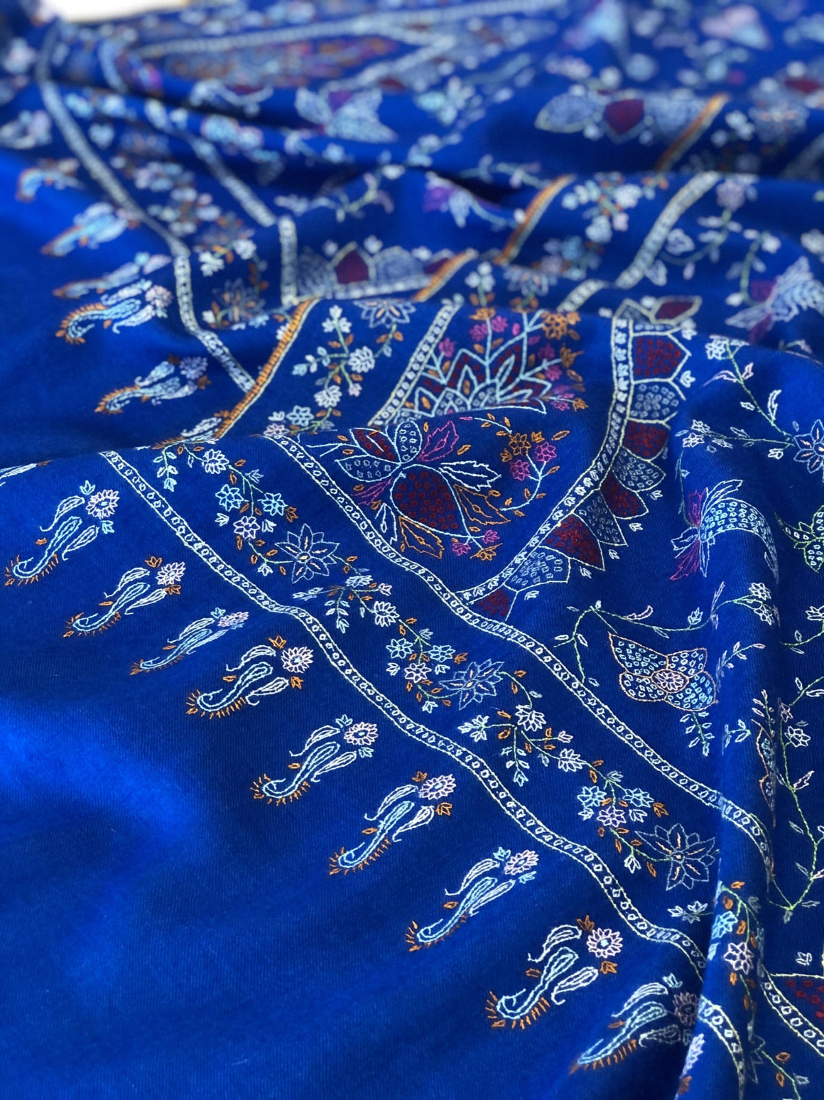 Vintage Royal Blue Floral Design Jamawar Embroidery Pashmina Shawl 9