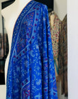 Vintage Royal Blue Floral Design Jamawar Embroidery Pashmina Shawl 8