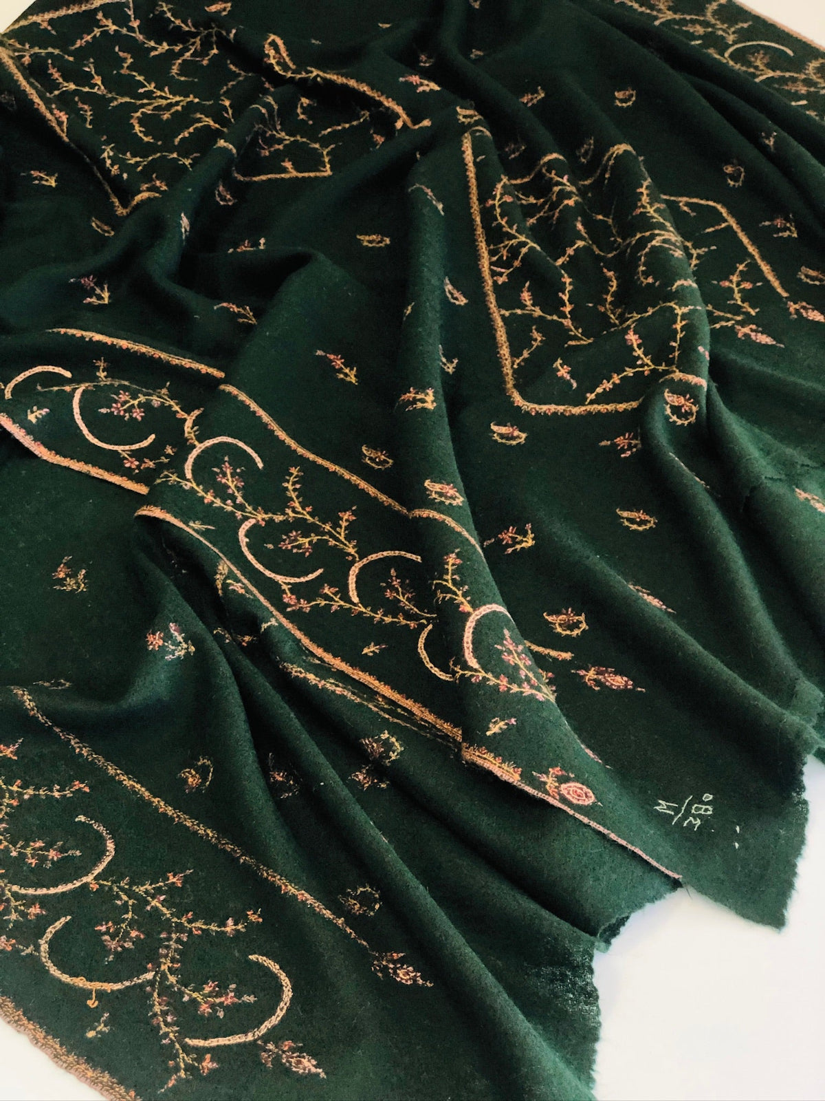 Vintage Emerald Green Jalidar Embroidery Pashmina Shawl 2