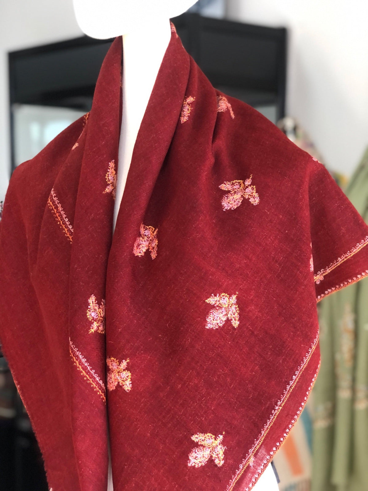 Cherry Floral Butidar Silk Embroidery Pashmina Shawl 6