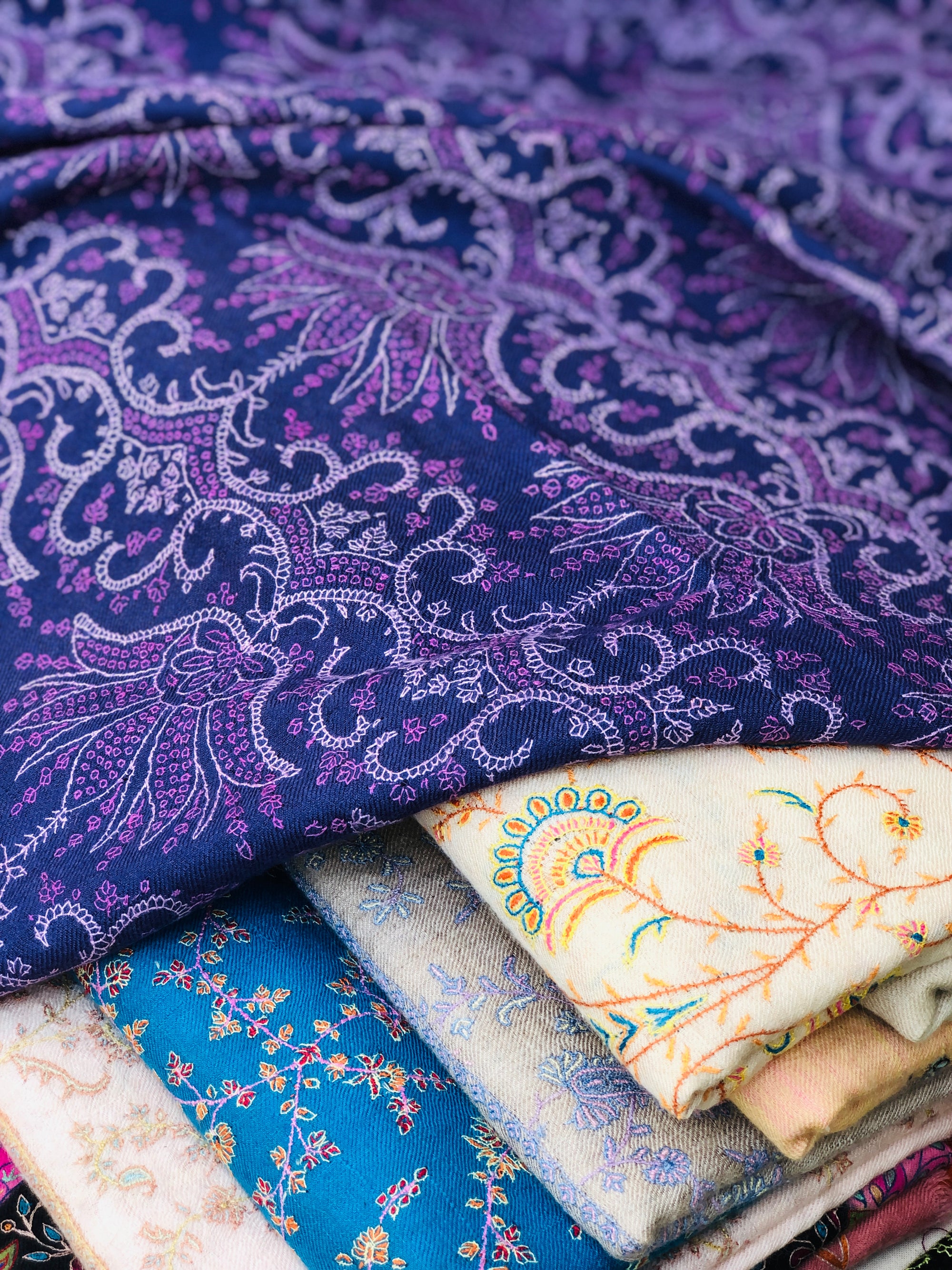 Purple Lotus Design Embroidered Pashmina Shawl