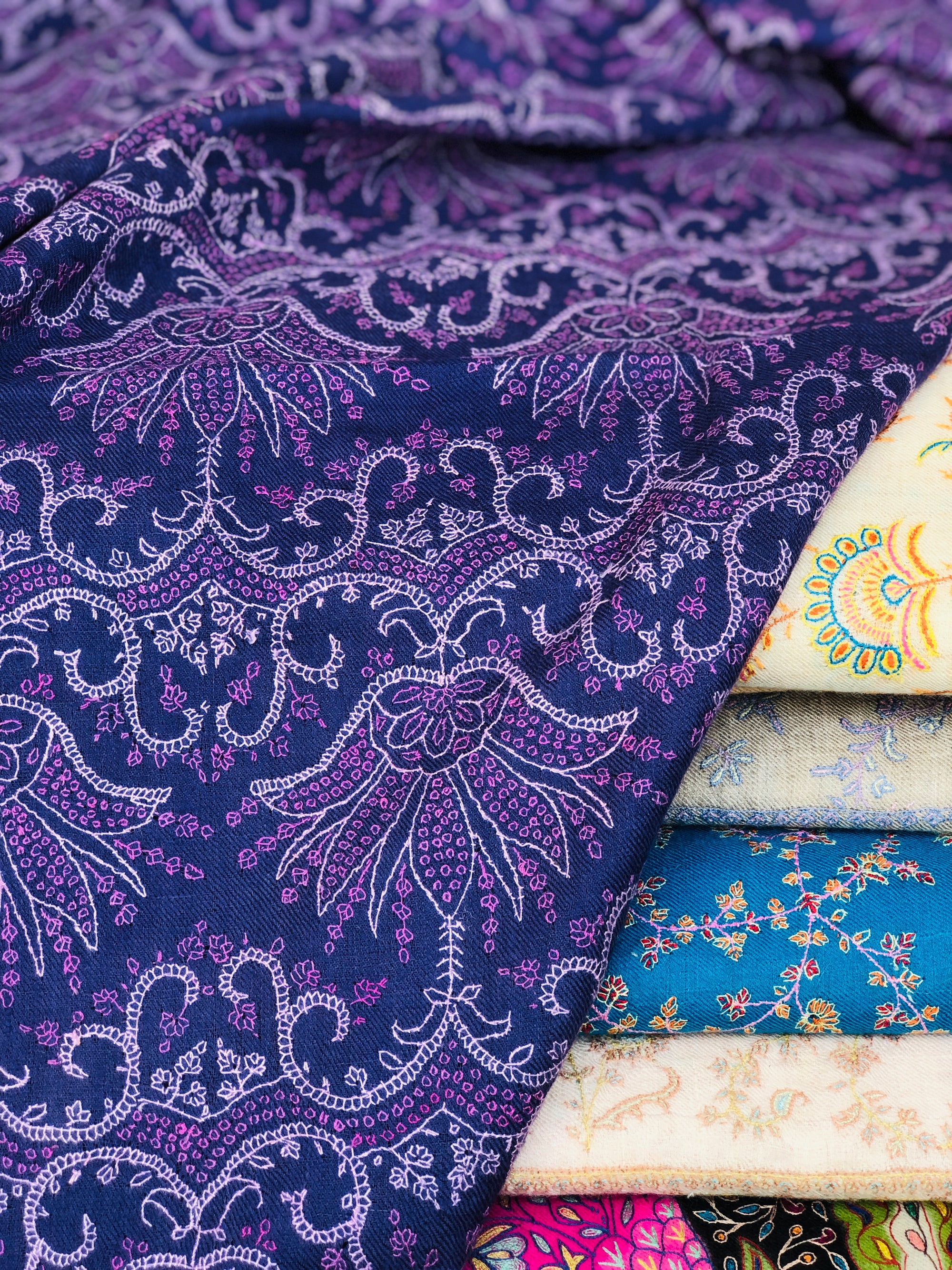 Purple Lotus Design Embroidered Pashmina Shawl