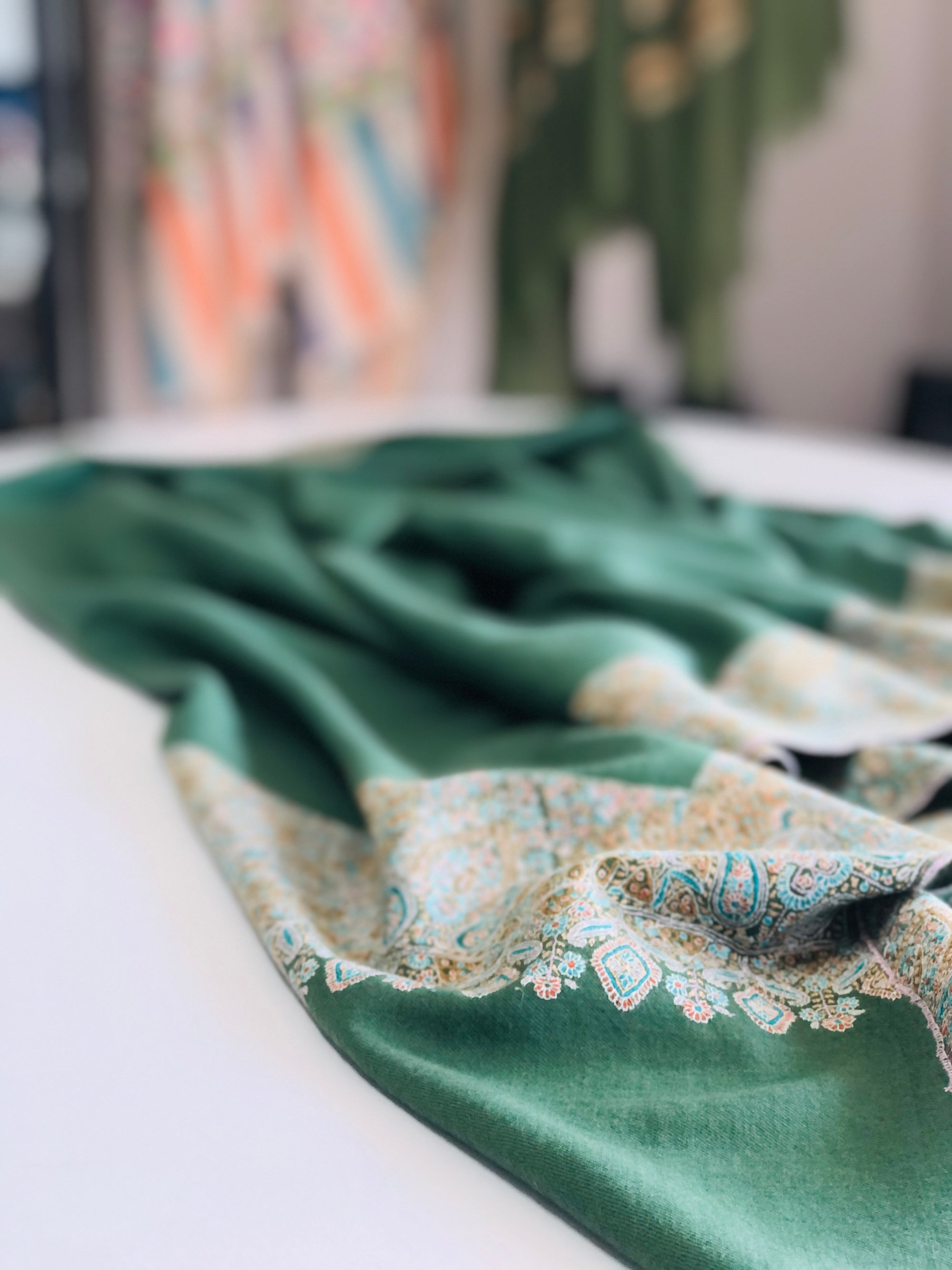 Spring Shawl | Jade Green Dhoordar Embroidery Pashmina Shawl