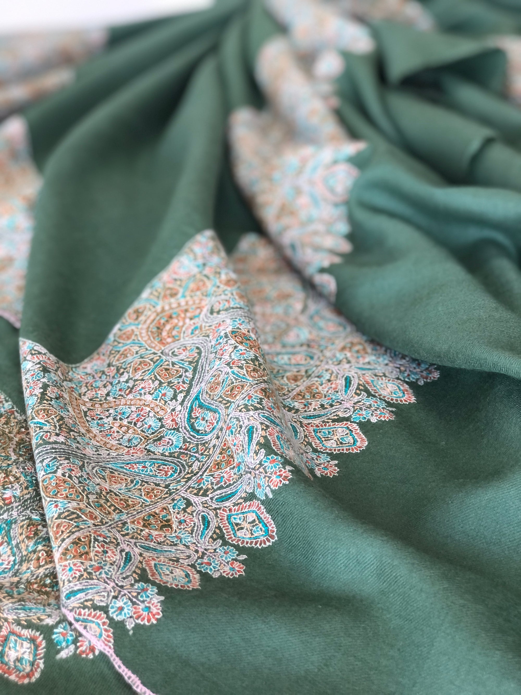 Spring Shawl | Jade Green Dhoordar Embroidery Pashmina Shawl