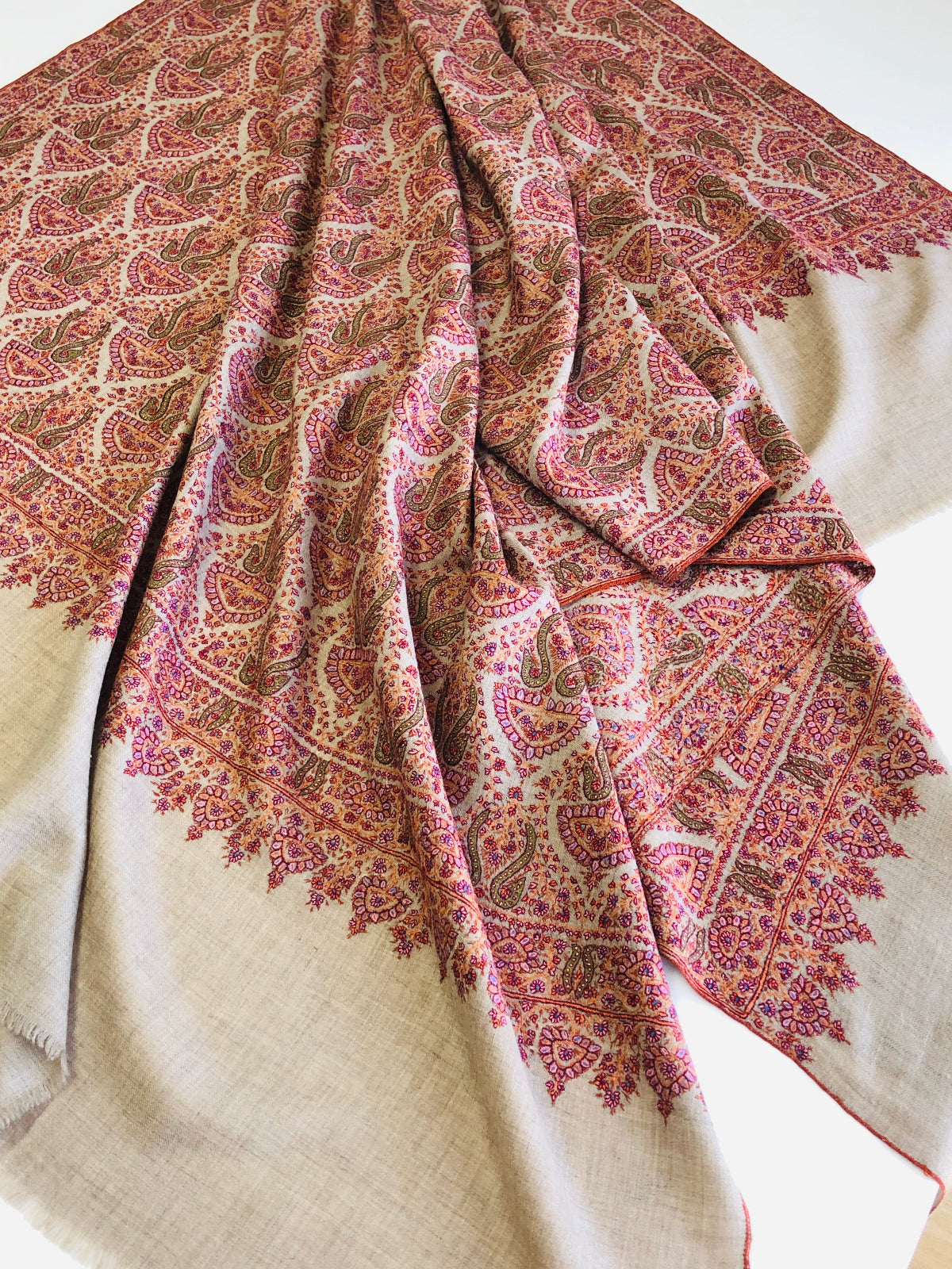 Light Camel Antique Design Jamawar Embroidery Pashmina Shawl 7