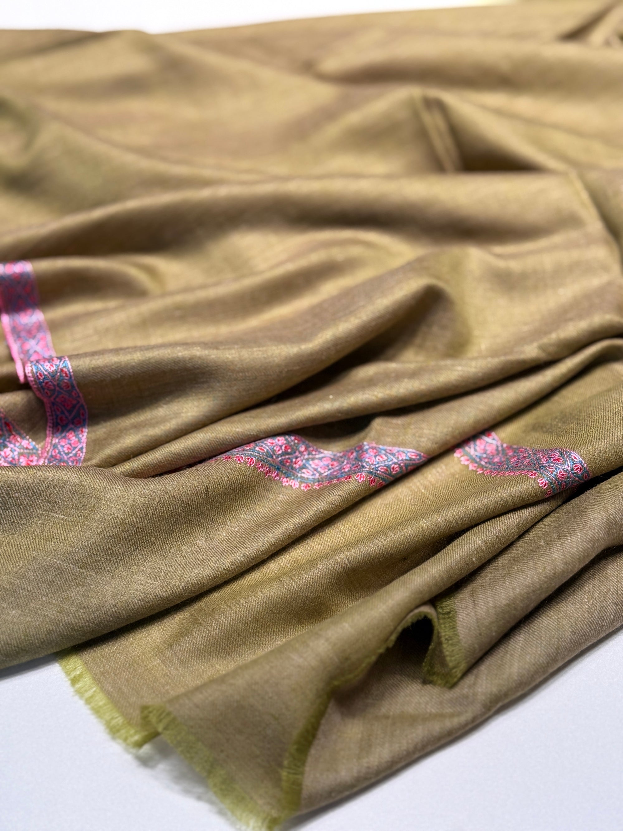 Avocado Green Border Embroidery Pashmina Shawl