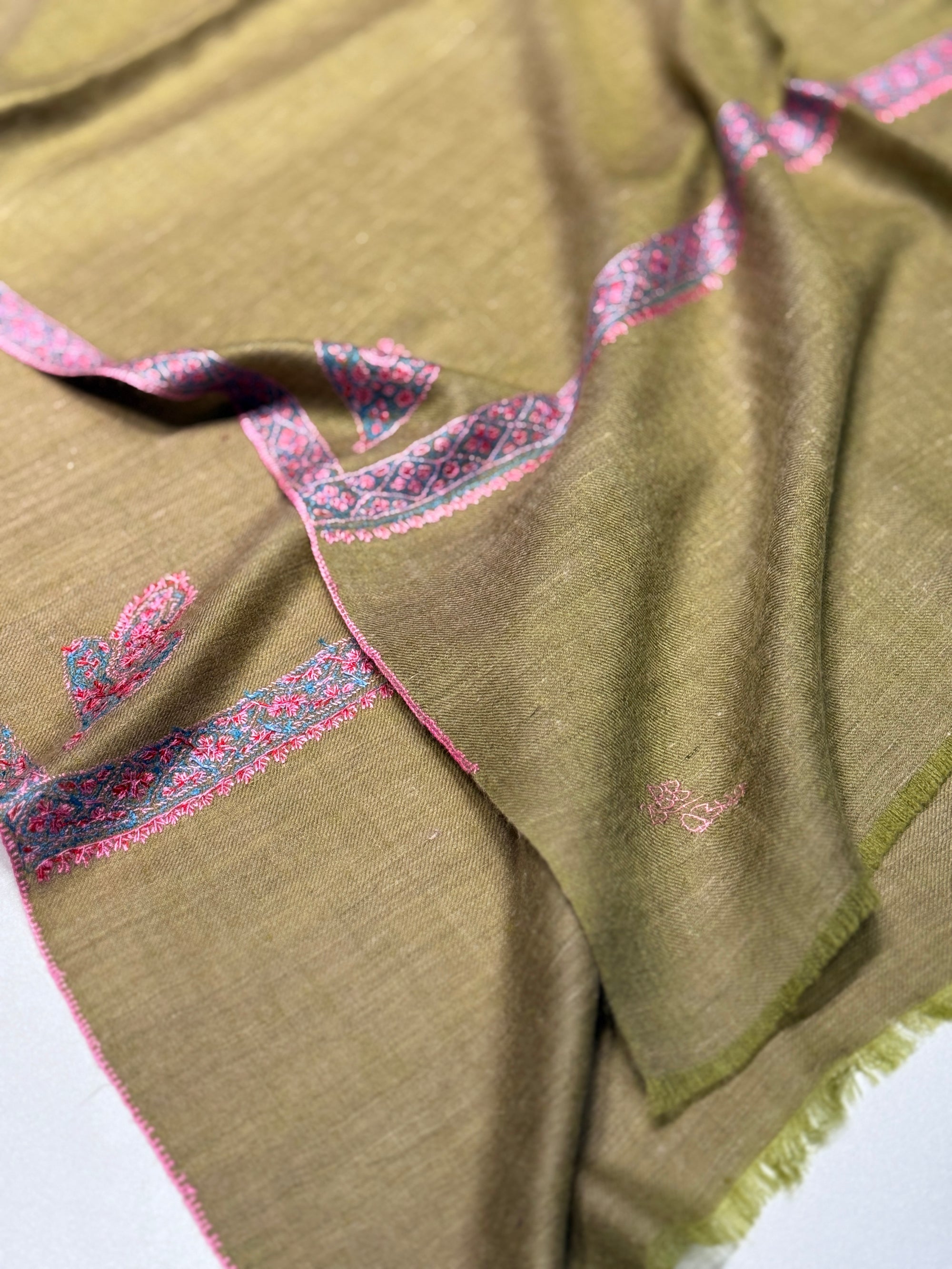 Avocado Green Border Embroidery Pashmina Shawl