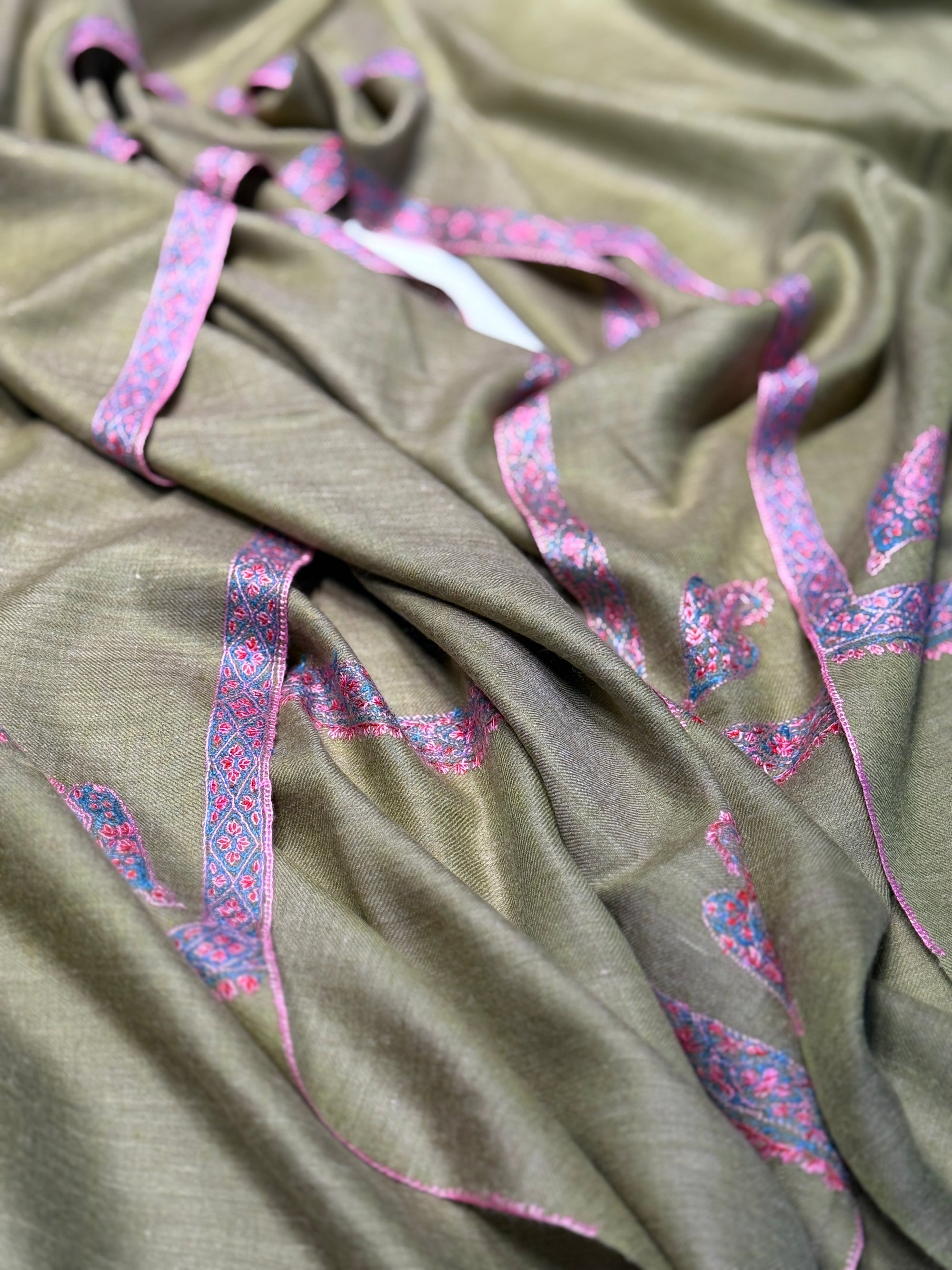Avocado Green Border Embroidery Pashmina Shawl