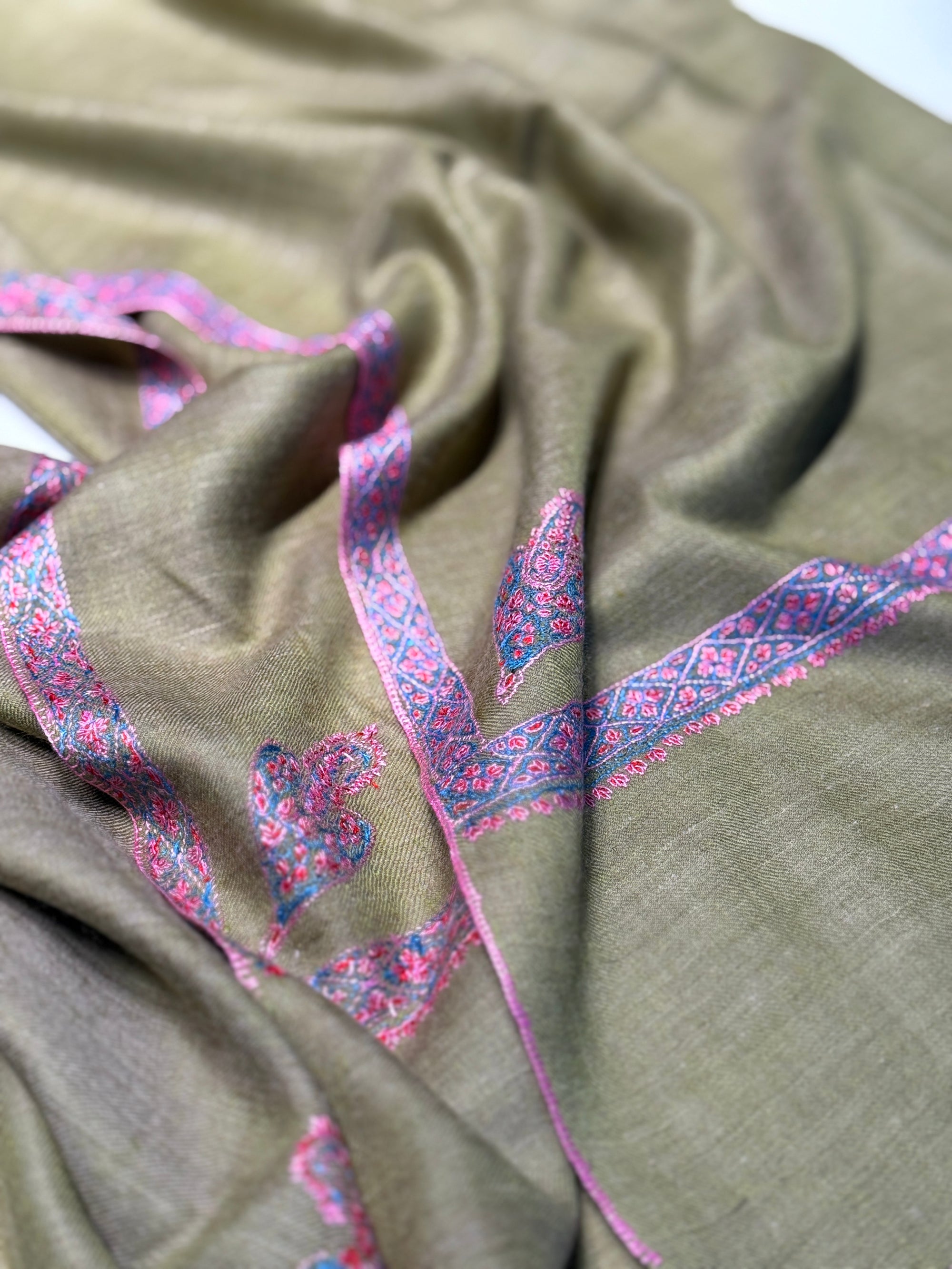 Avocado Green Border Embroidery Pashmina Shawl