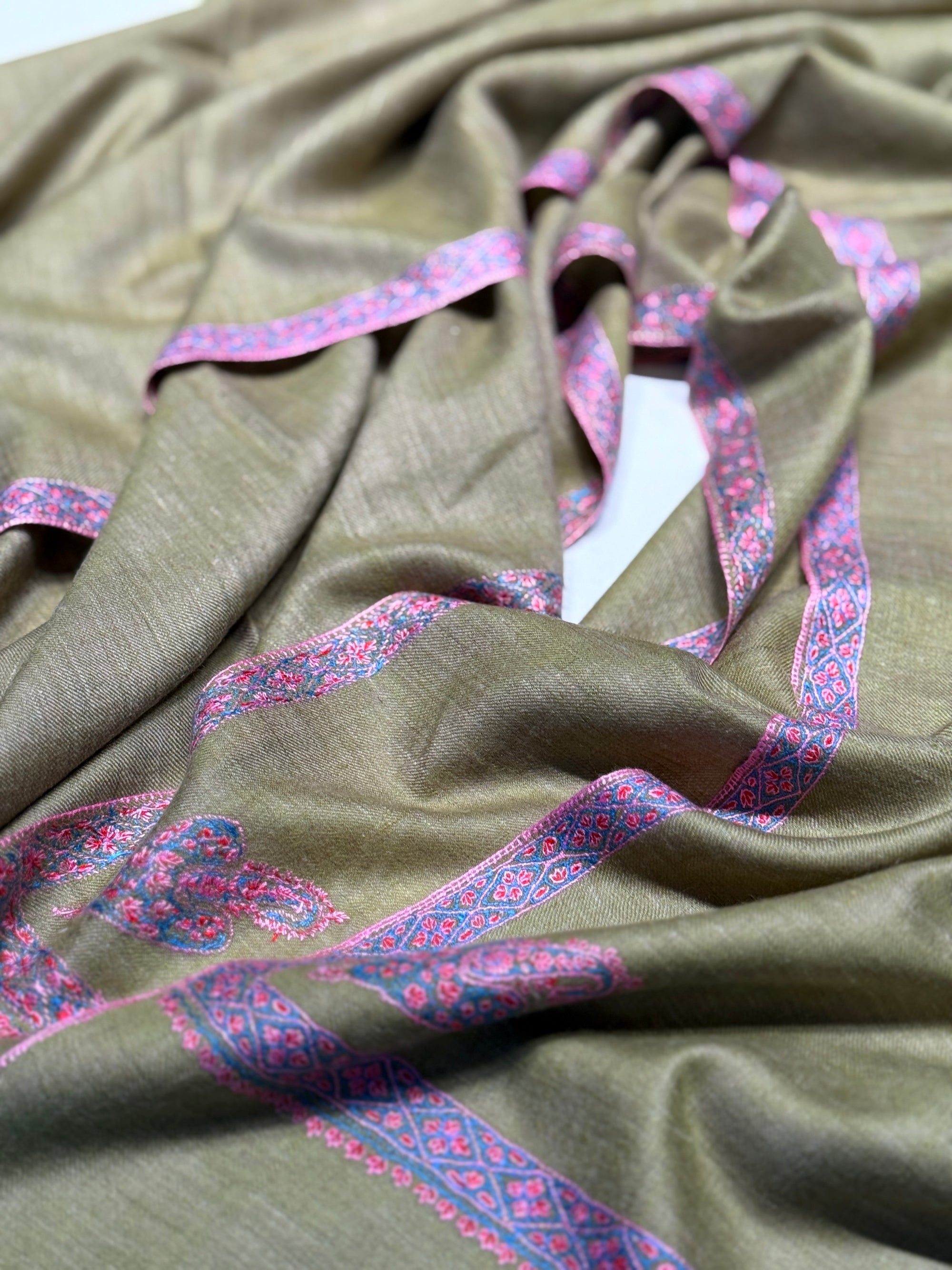 Avocado Green Border Embroidery Pashmina Shawl