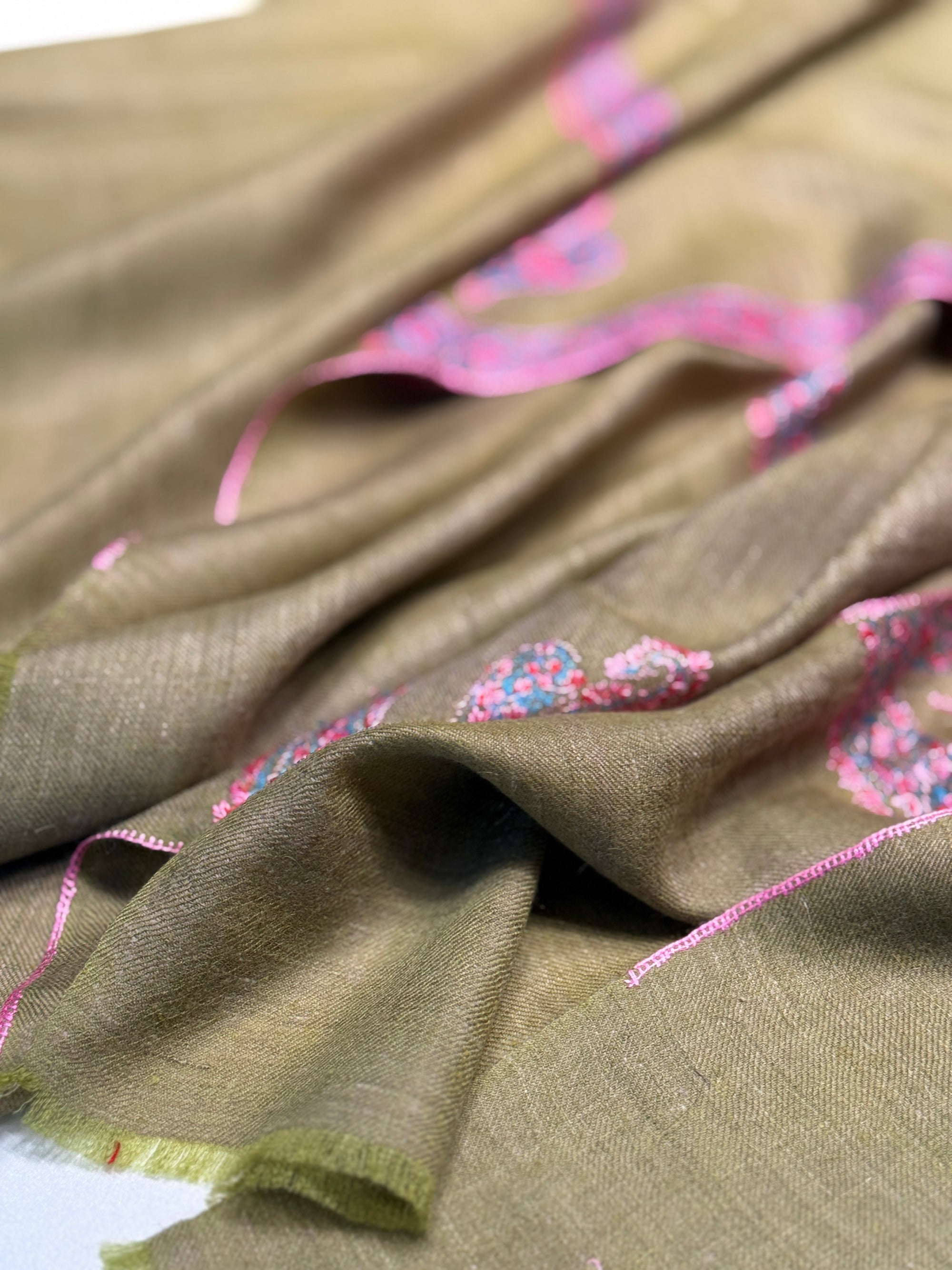 Avocado Green Border Embroidery Pashmina Shawl