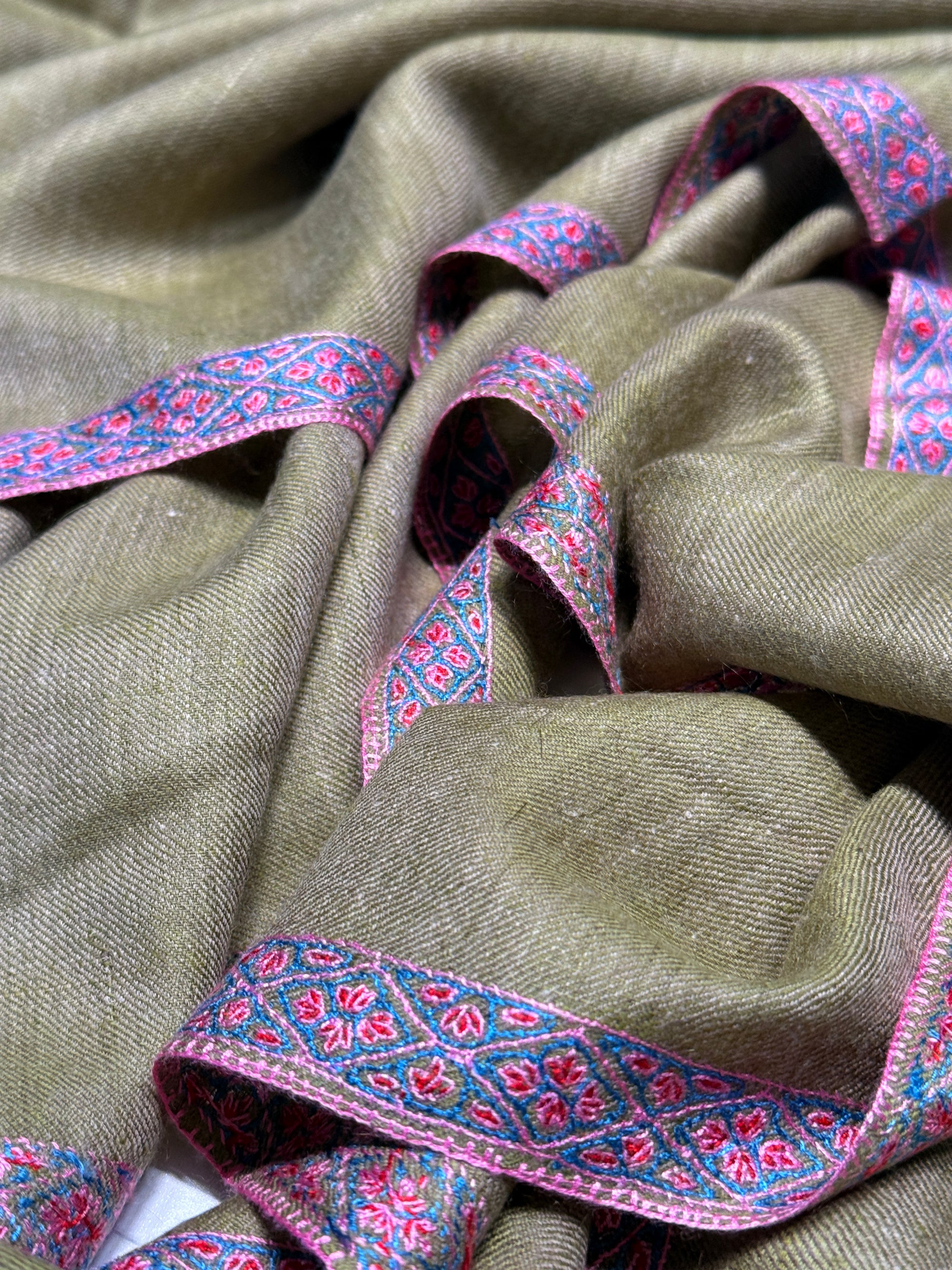 Avocado Green Border Embroidery Pashmina Shawl