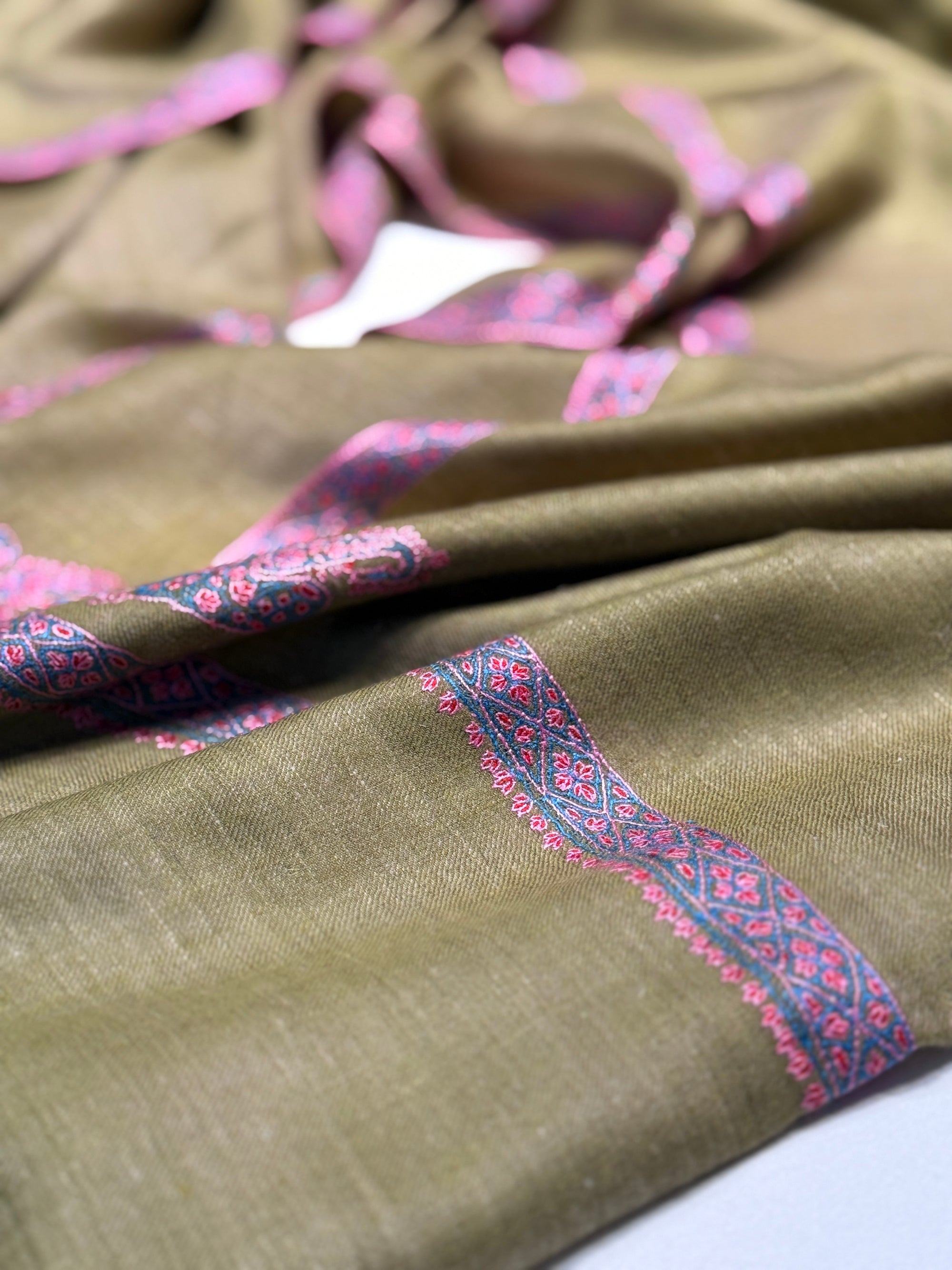 Avocado Green Border Embroidery Pashmina Shawl