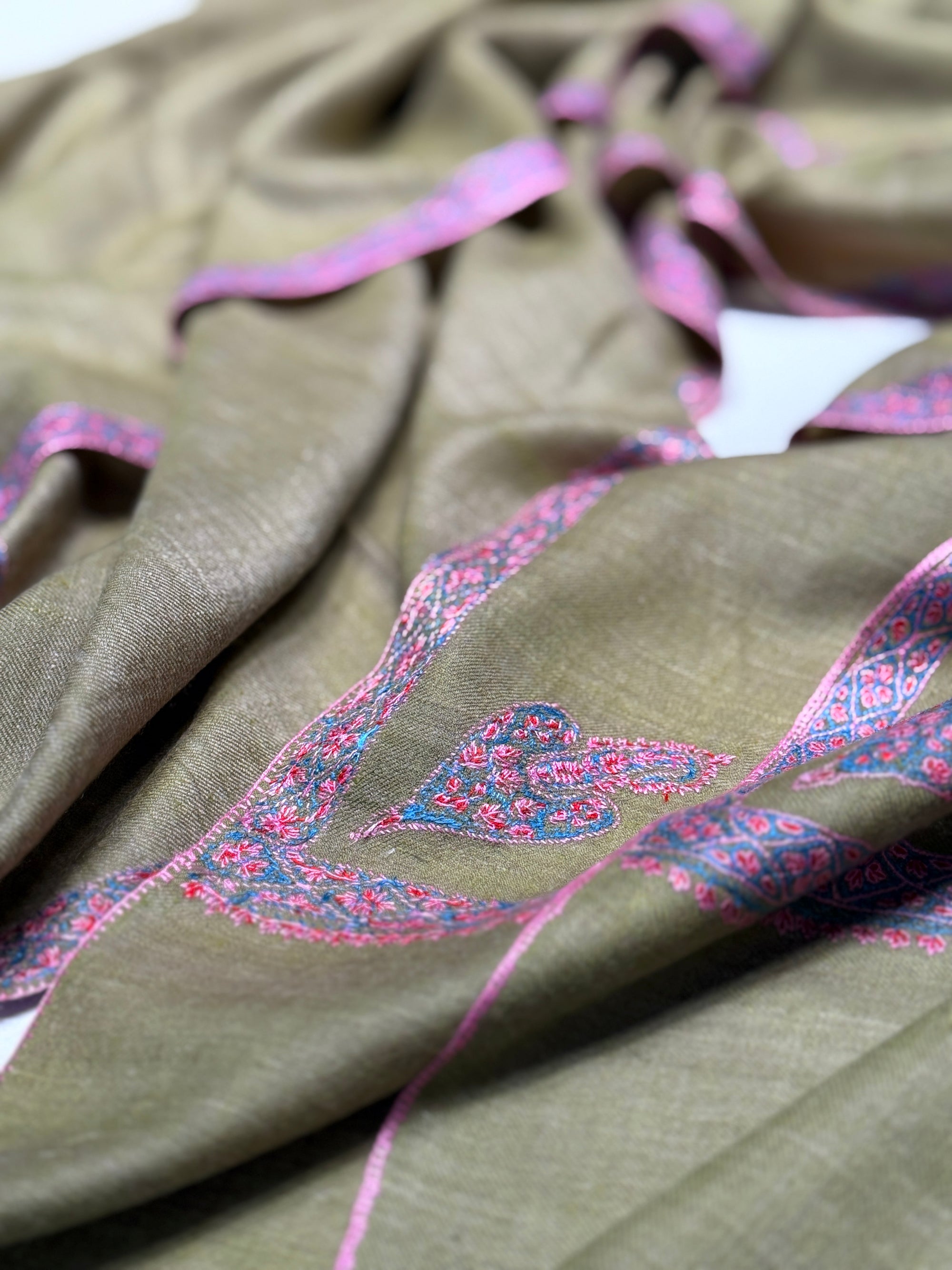 Avocado Green Border Embroidery Pashmina Shawl