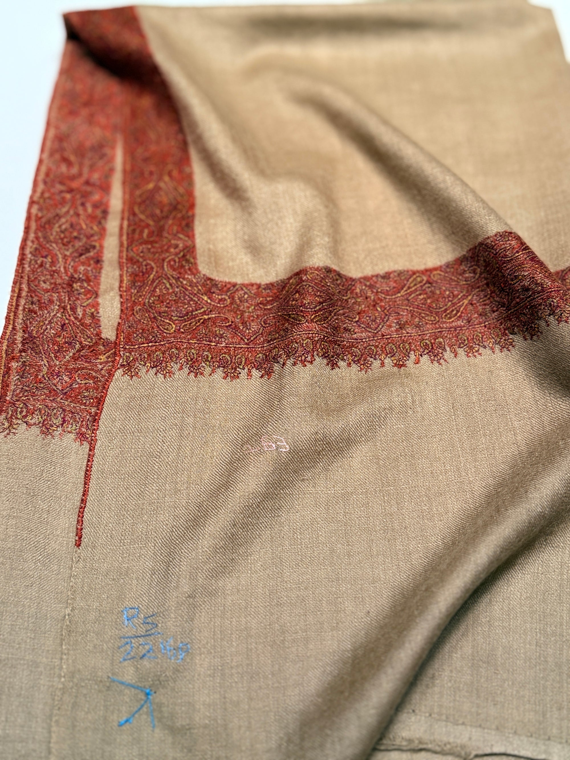 Beige pashmina shawl with 3 inch wide border embroidery in maroon
