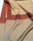 Beige pashmina shawl with 3 inch wide border embroidery in maroon