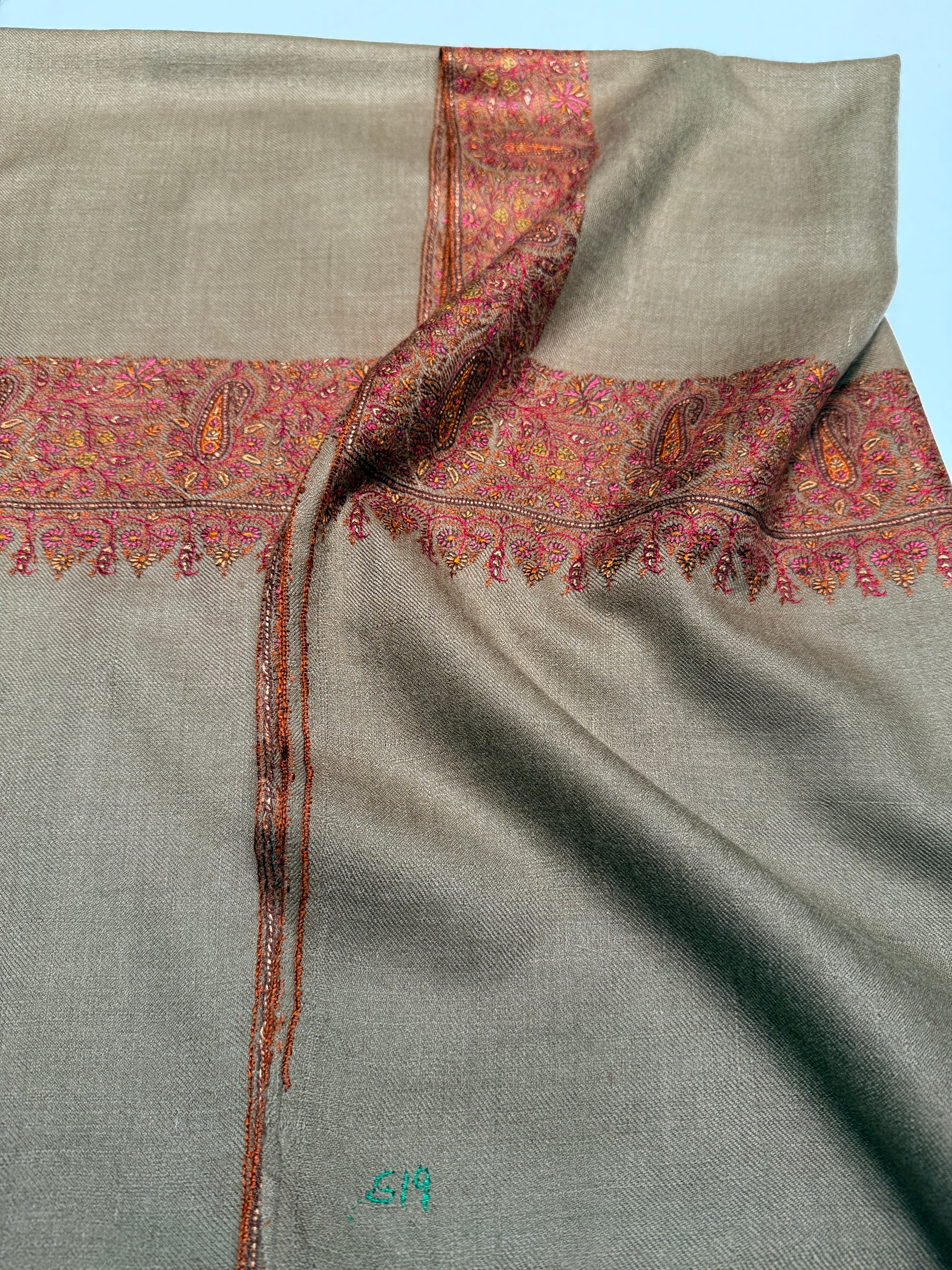 Vintage Natural Gray Paisley Embroidery Pashmina Shawl