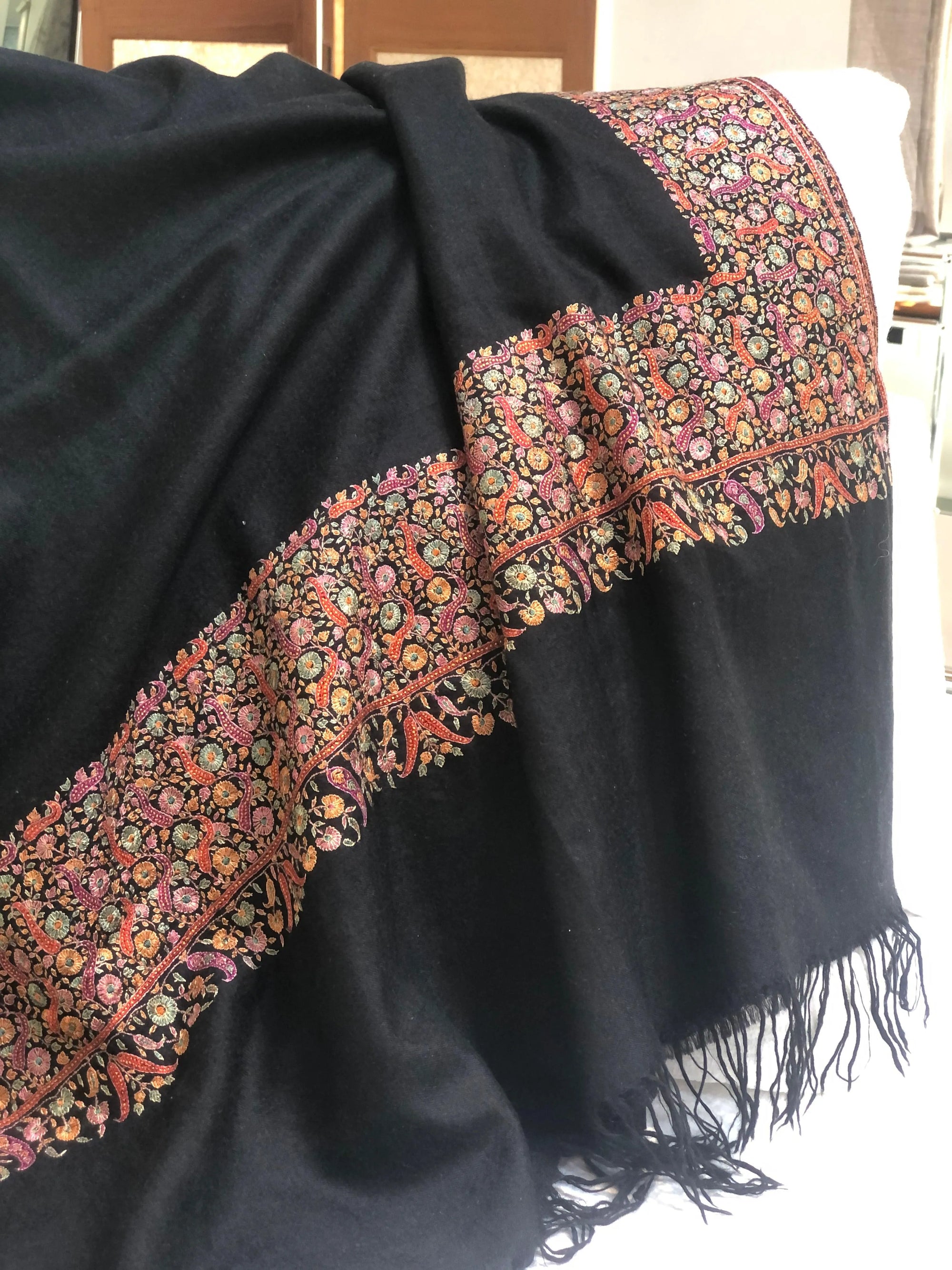 Black Dhoor Design Silk Embroidery Pashmina Shawl - the Atelier H