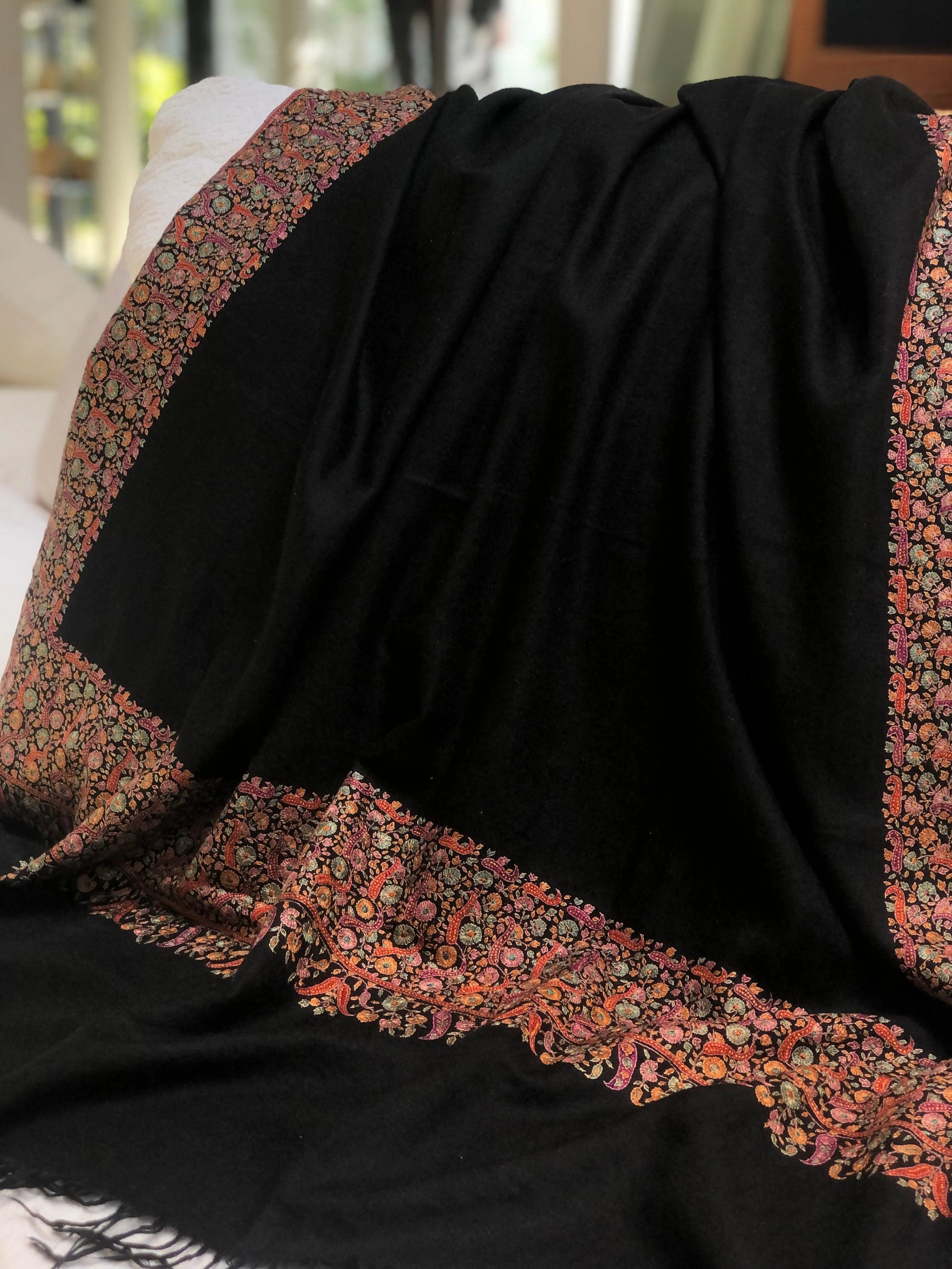 Black Dhoor Design Silk Embroidery Pashmina Shawl - the Atelier H