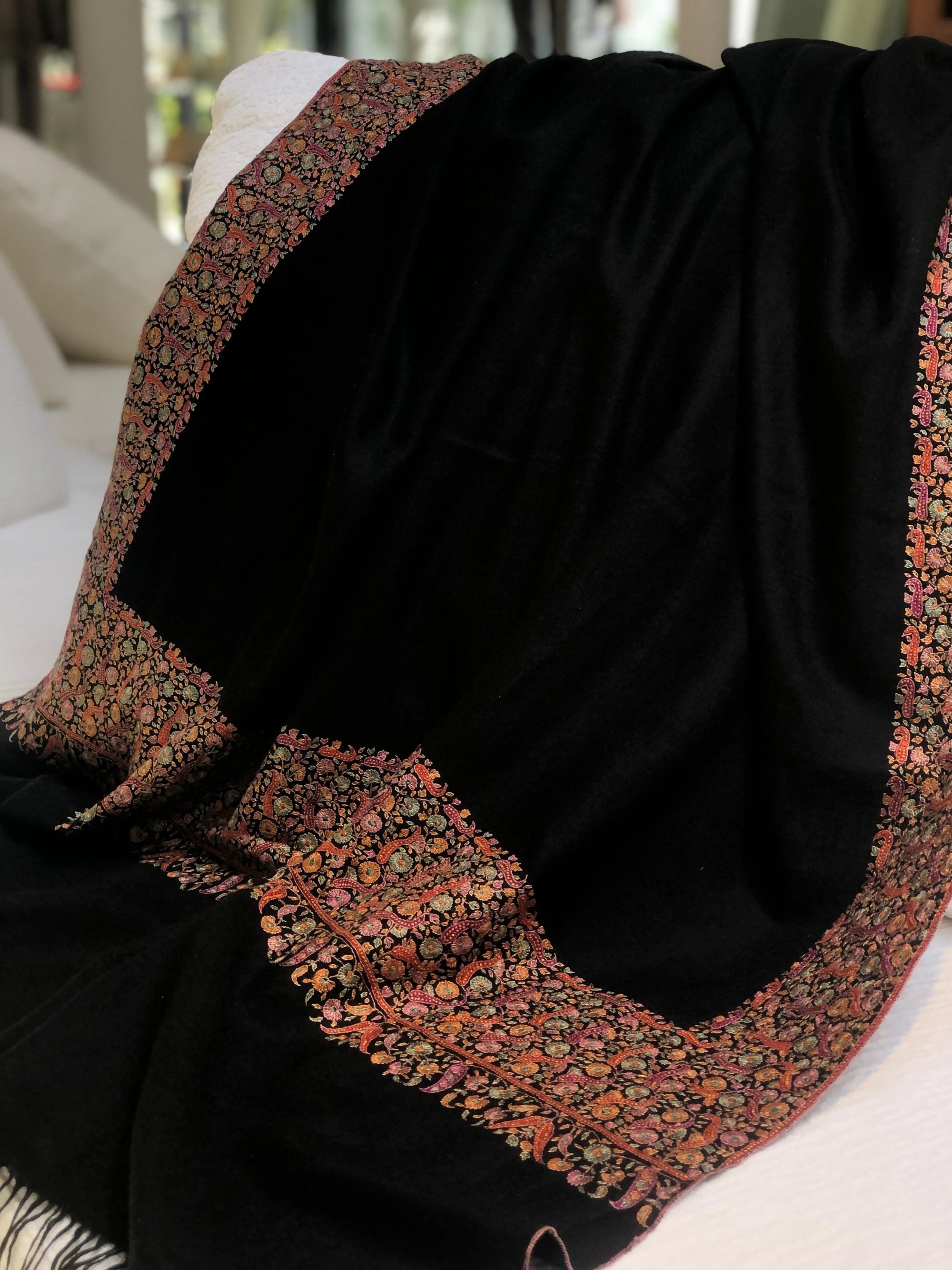 Black Dhoor Design Silk Embroidery Pashmina Shawl - the Atelier H