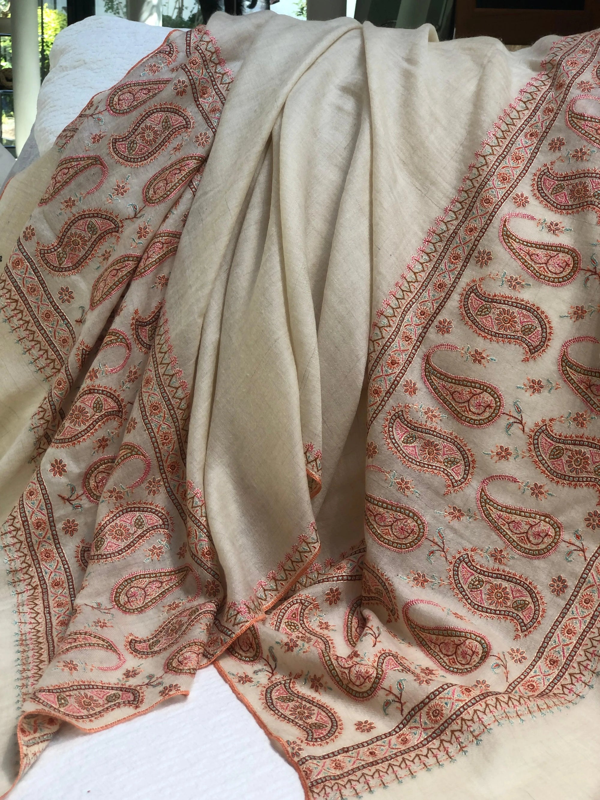 White Almond Design Silk Embroidery Pashmina Shawl - the Atelier H