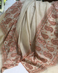 White Almond Design Silk Embroidery Pashmina Shawl - the Atelier H