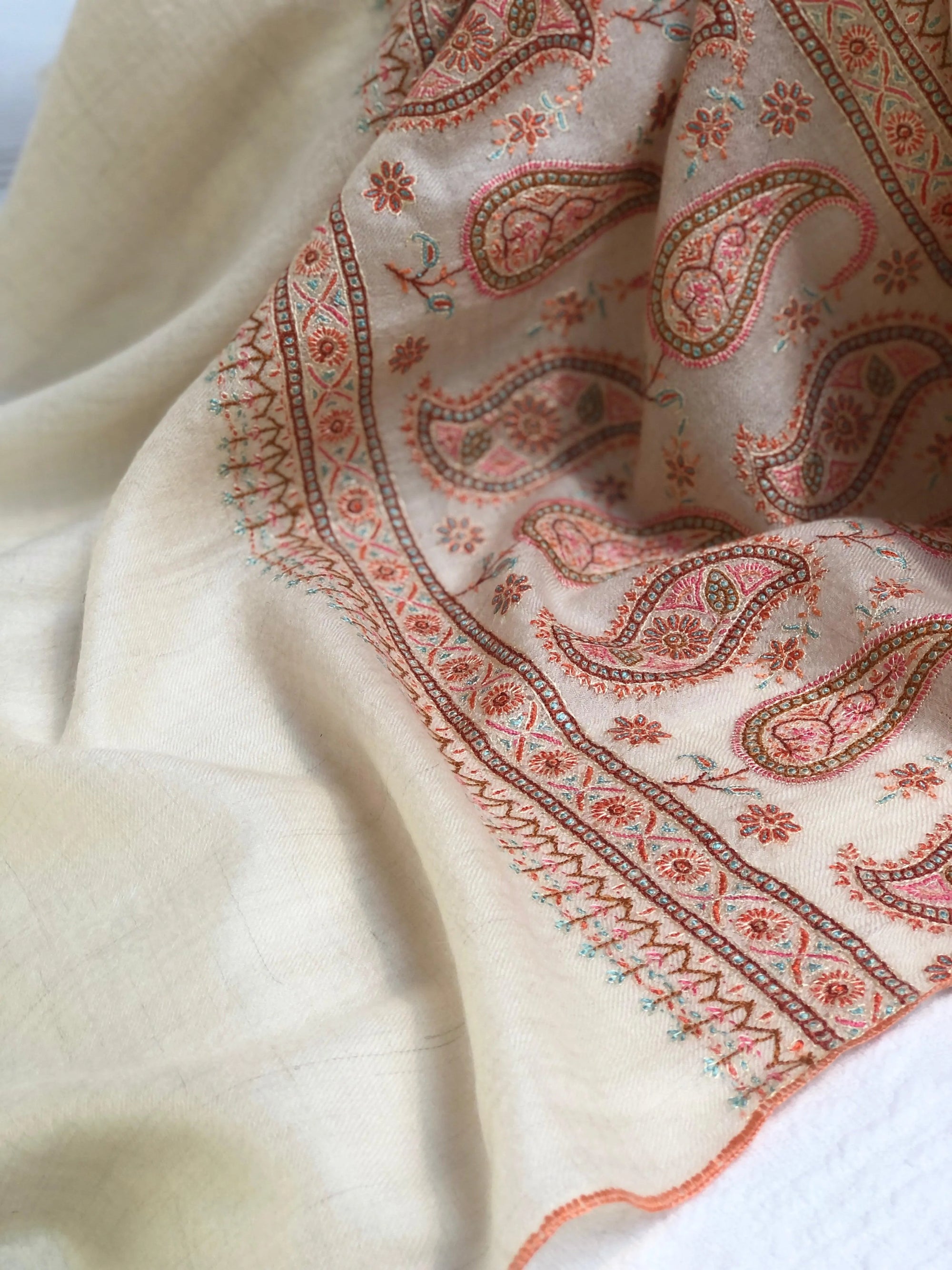 White Almond Design Silk Embroidery Pashmina Shawl - the Atelier H