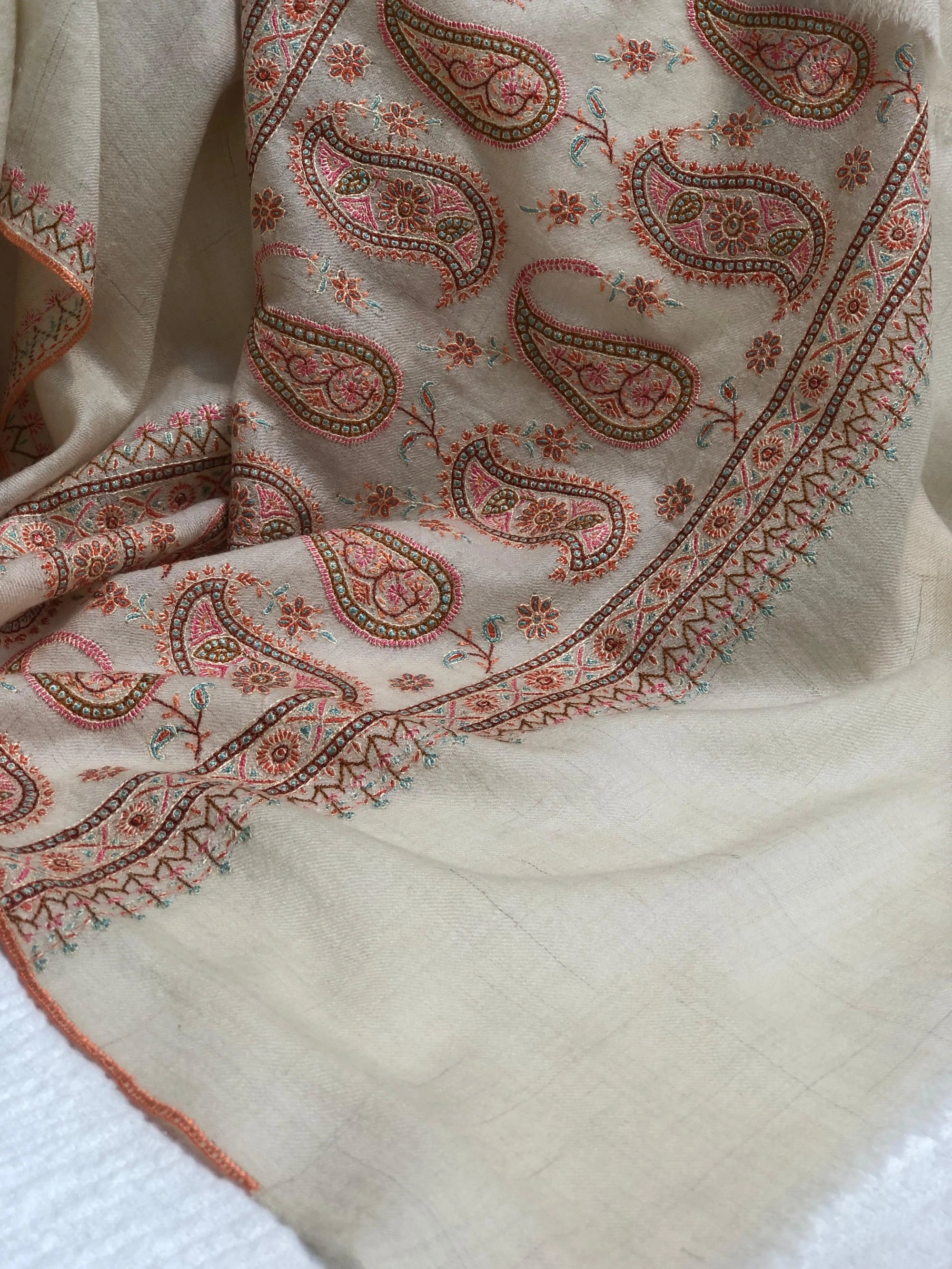 White Almond Design Silk Embroidery Pashmina Shawl - the Atelier H