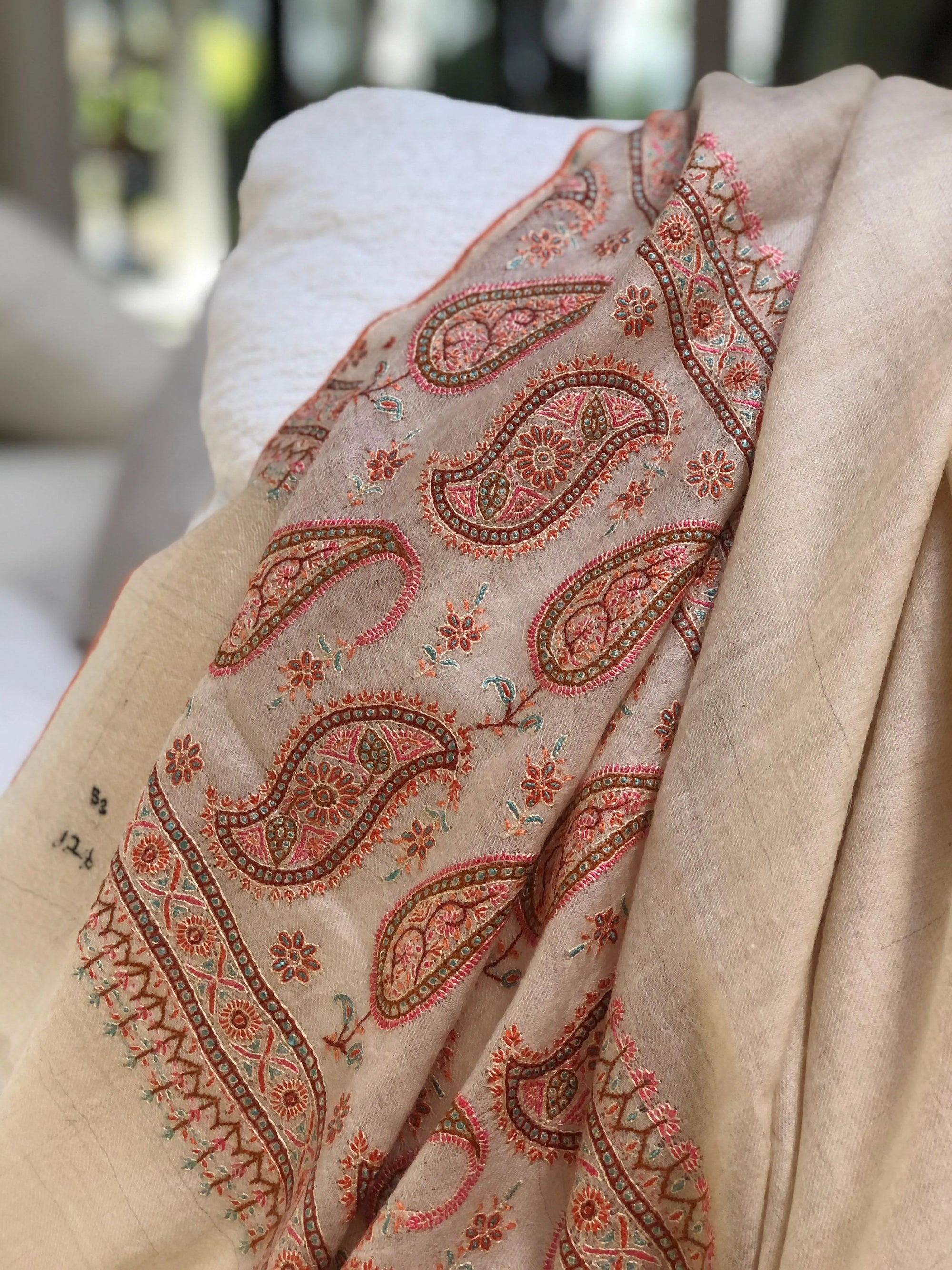 White Almond Design Silk Embroidery Pashmina Shawl - the Atelier H