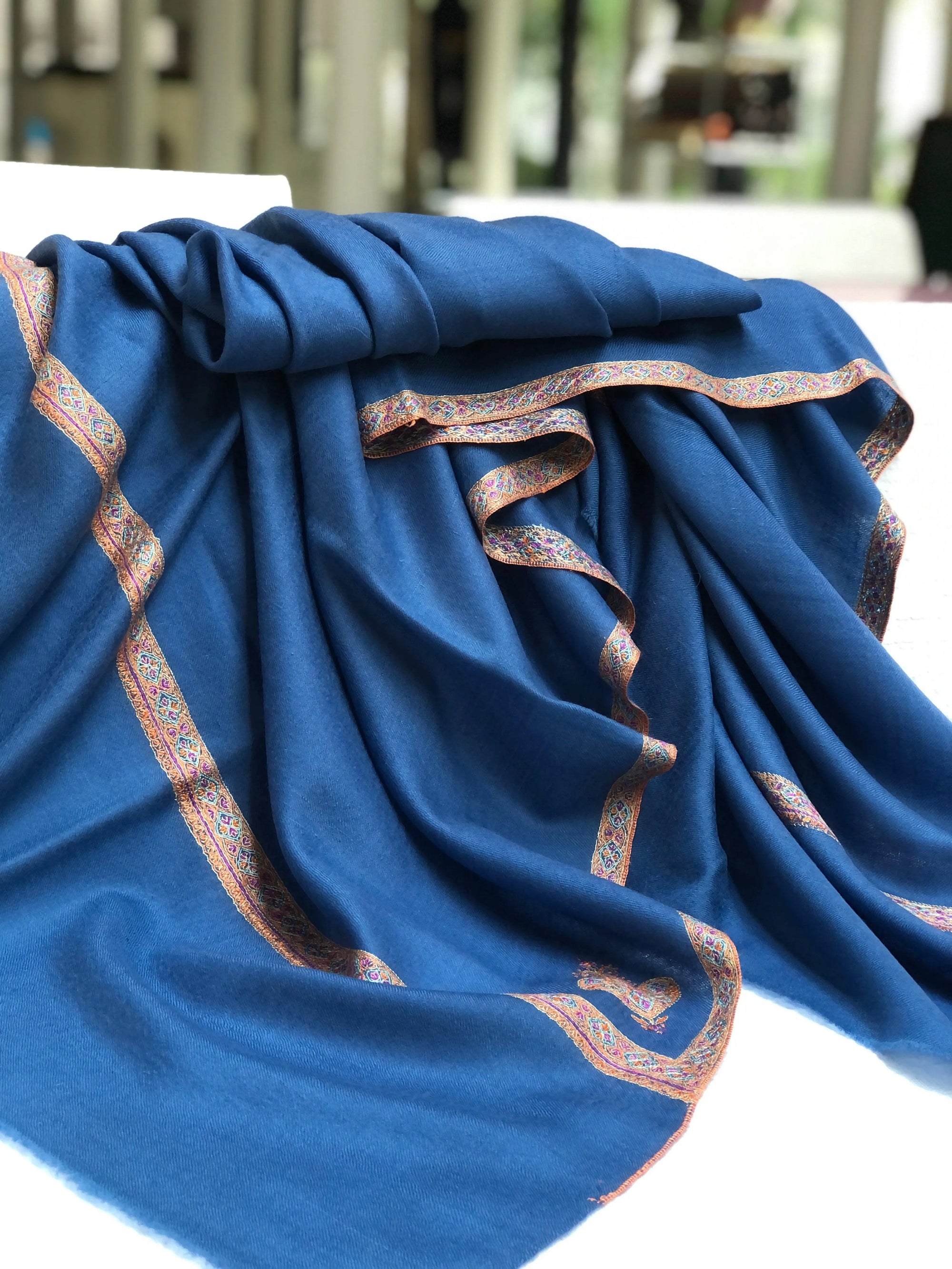 Sky Blue Silk Embroidery Pashmina Shawl - the Atelier H