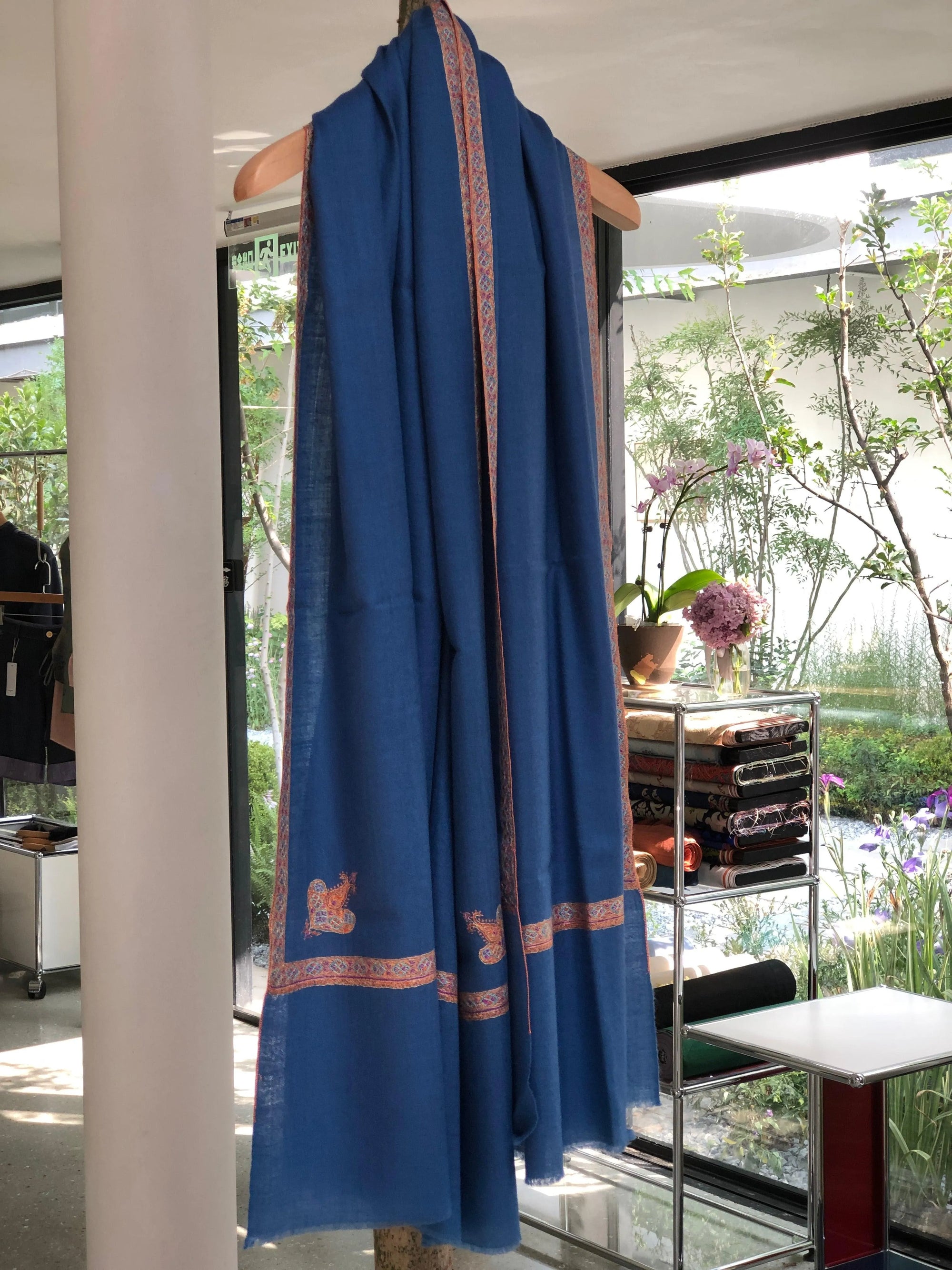 Sky Blue Silk Embroidery Pashmina Shawl - the Atelier H