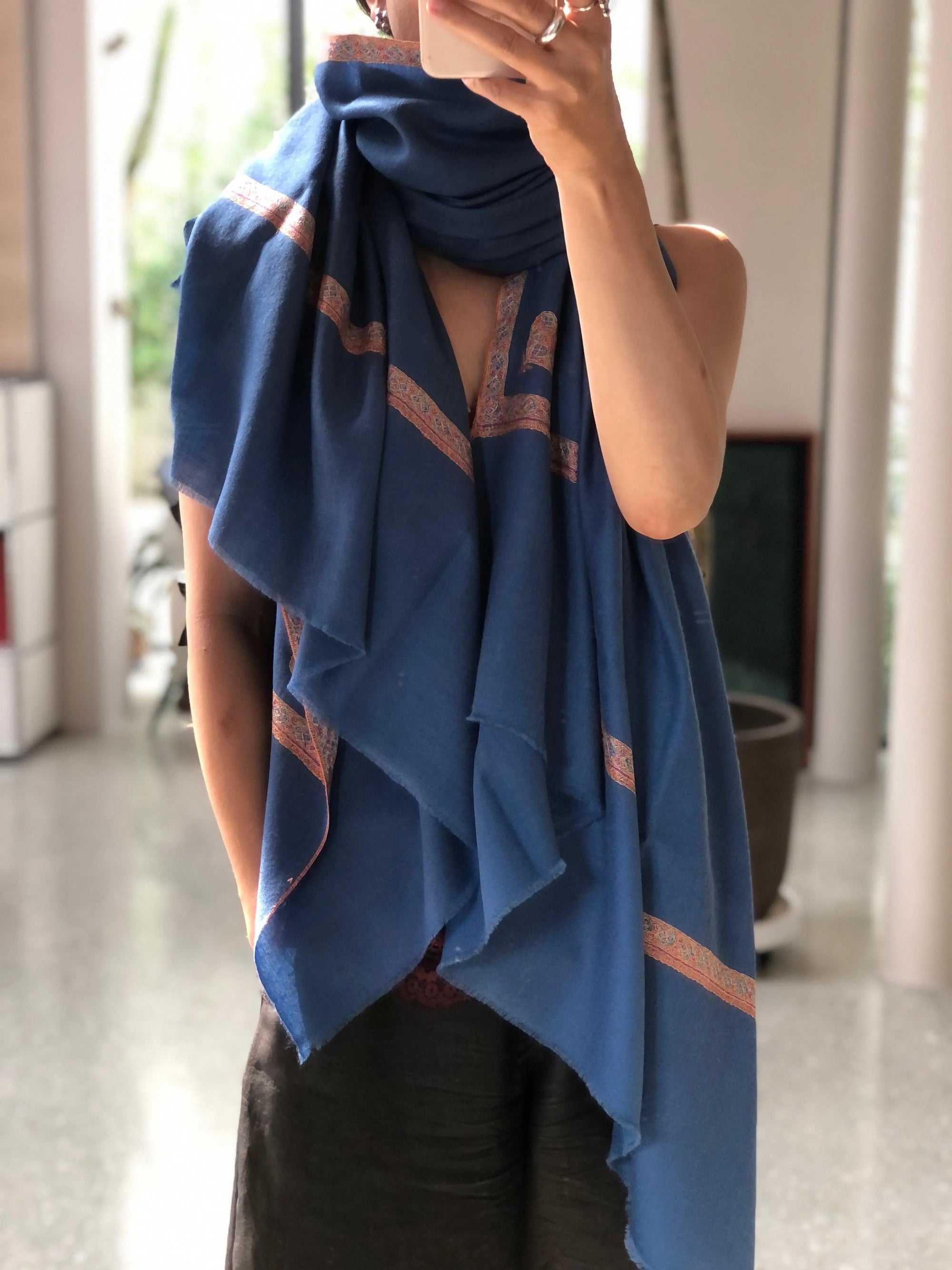 Sky Blue Silk Embroidery Pashmina Shawl - the Atelier H