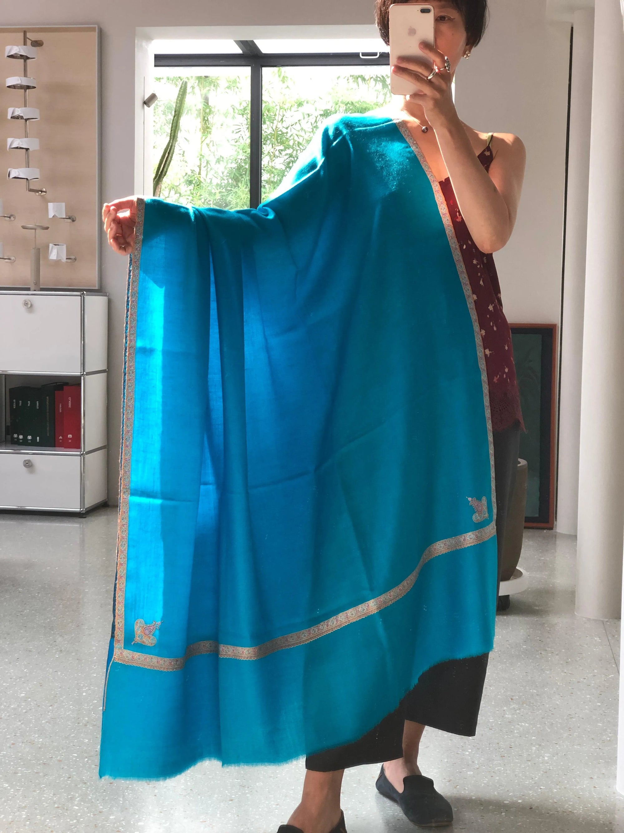 Turquoise Silk Hashidar Embroidery Pashmina Shawl - the Atelier H