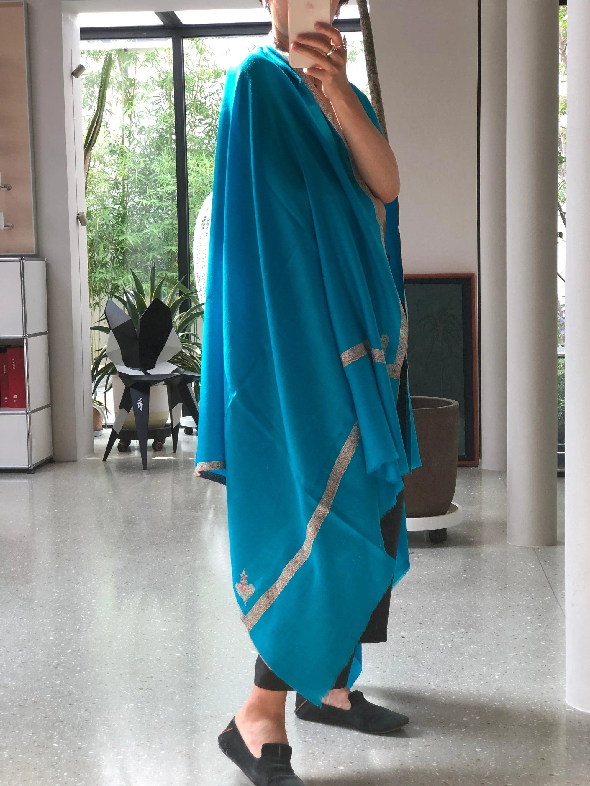 Turquoise Silk Hashidar Embroidery Pashmina Shawl - the Atelier H