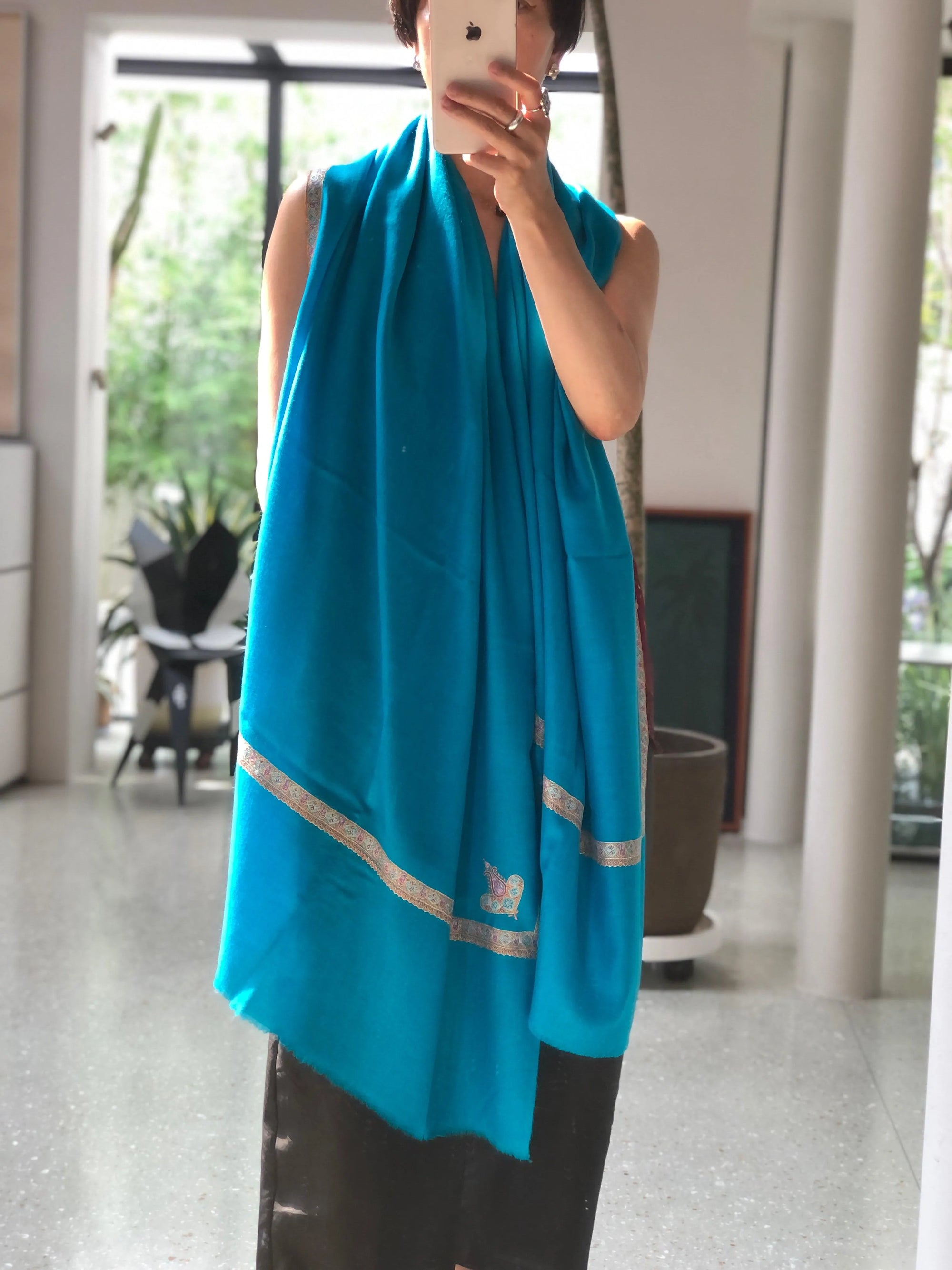 Turquoise Silk Hashidar Embroidery Pashmina Shawl - the Atelier H