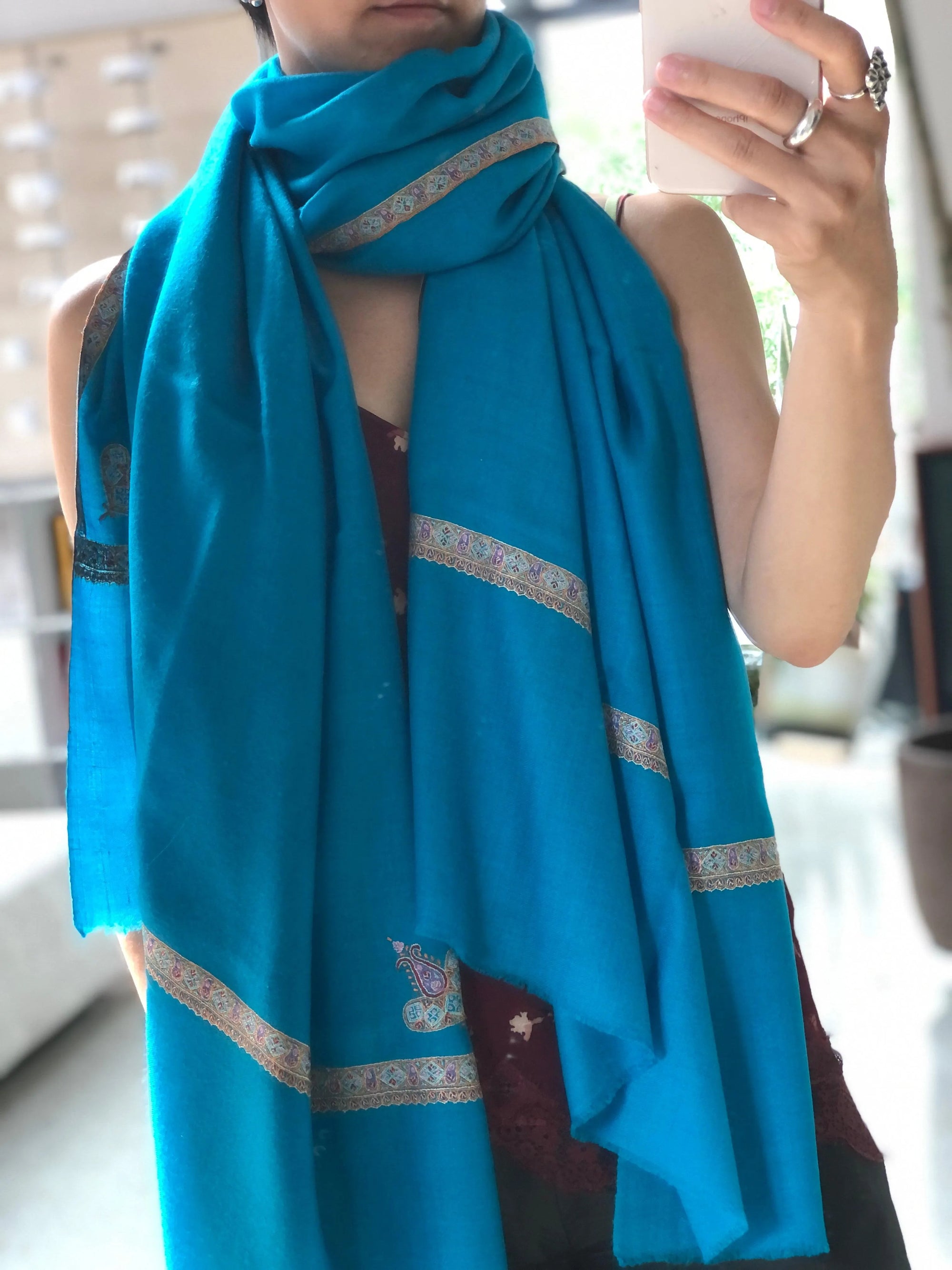 Turquoise Silk Hashidar Embroidery Pashmina Shawl - the Atelier H