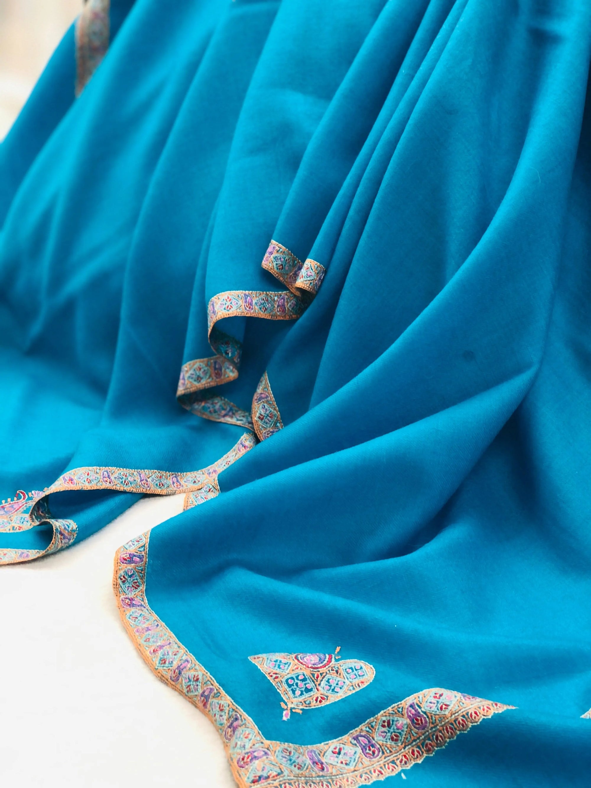 Turquoise Silk Hashidar Embroidery Pashmina Shawl - the Atelier H