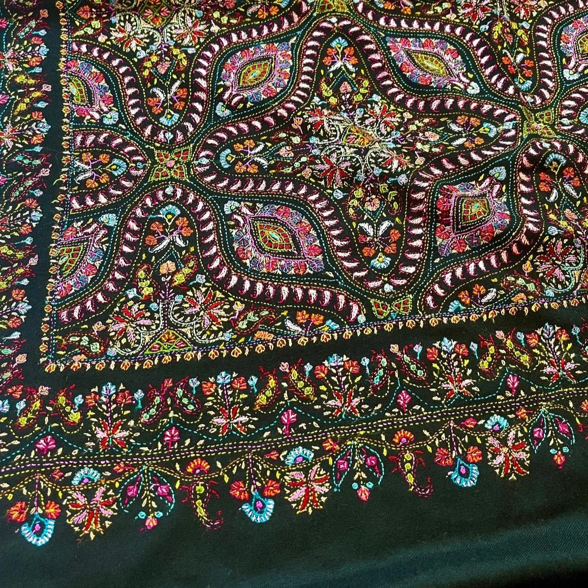 Black Mandala Design Silk Embroidery Pashmina Shawl - the Atelier H