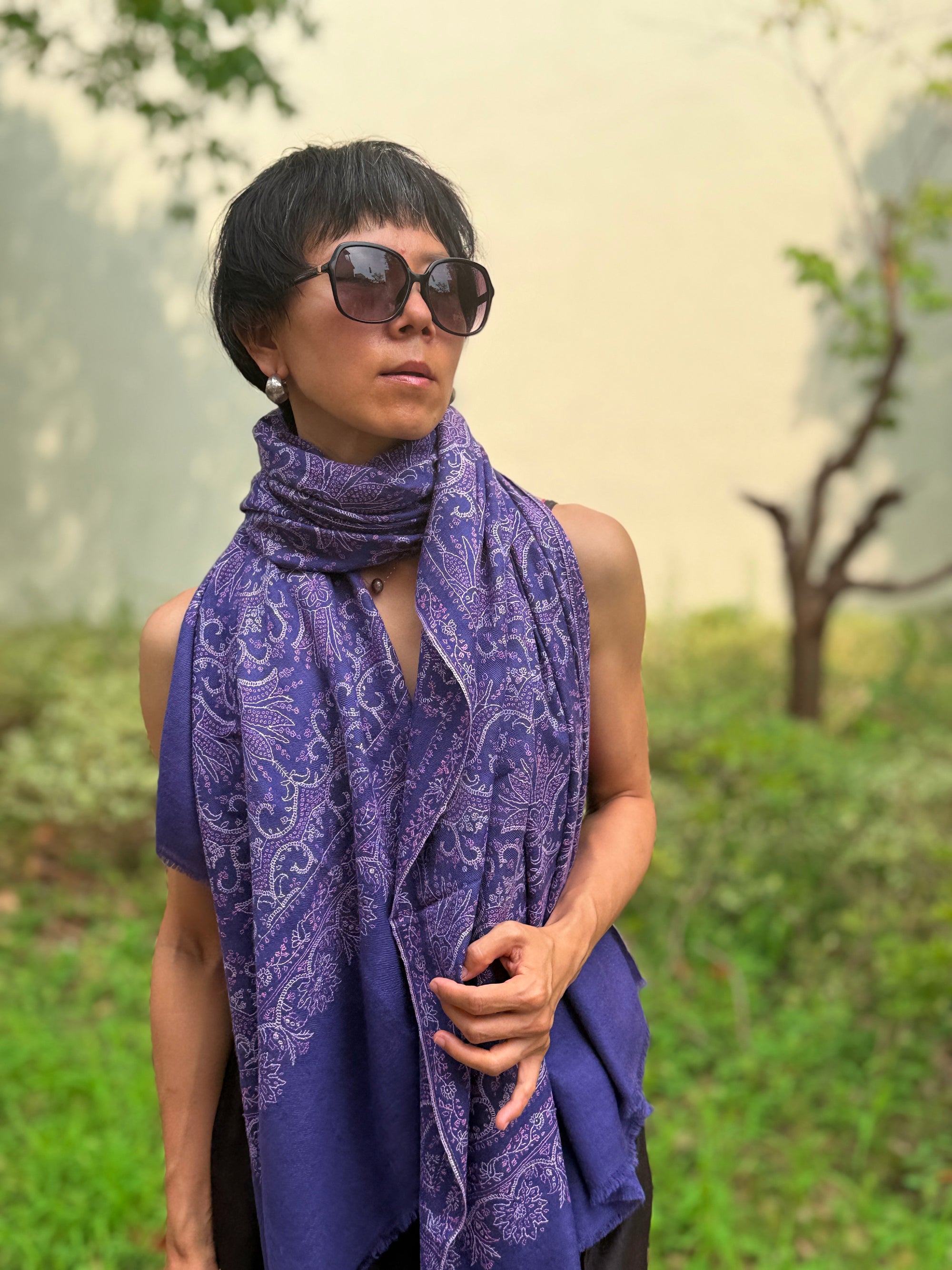 Purple Lotus Design Embroidered Pashmina Shawl