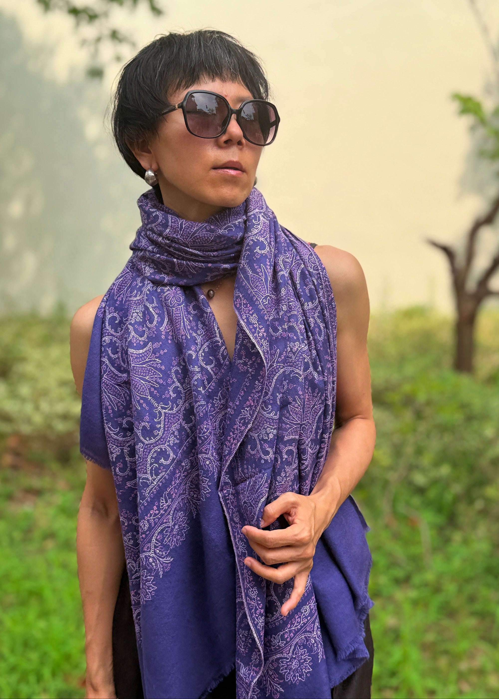 Purple Lotus Design Embroidered Pashmina Shawl