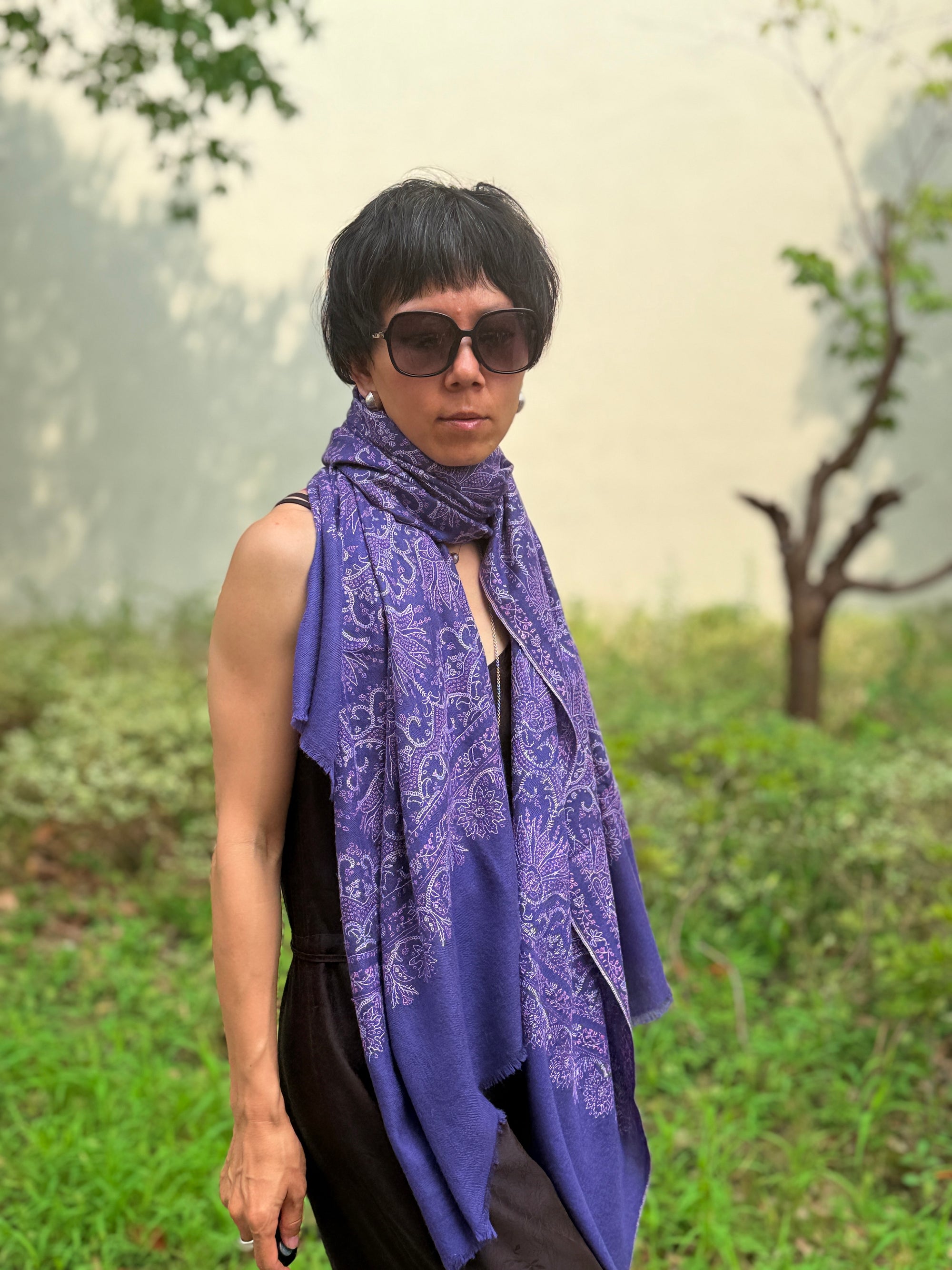 Purple Lotus Design Embroidered Pashmina Shawl