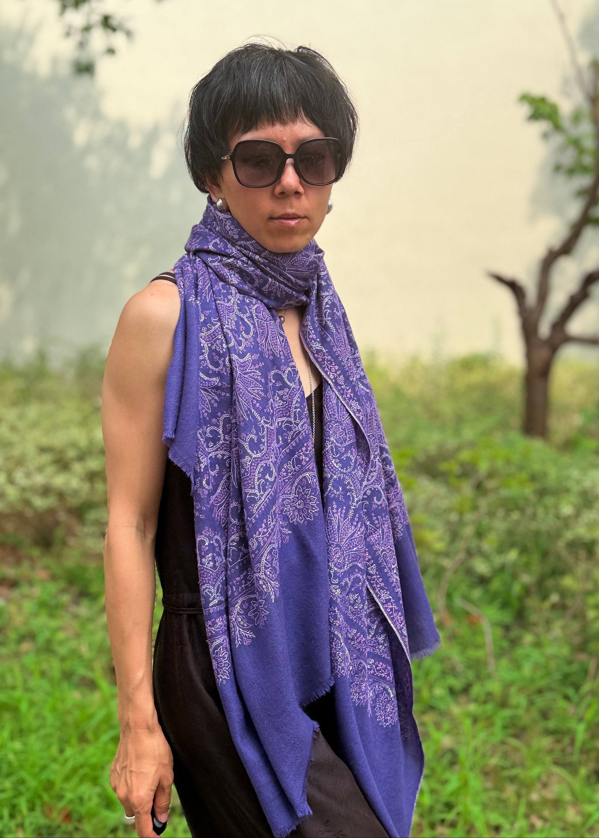 Purple Lotus Design Embroidered Pashmina Shawl