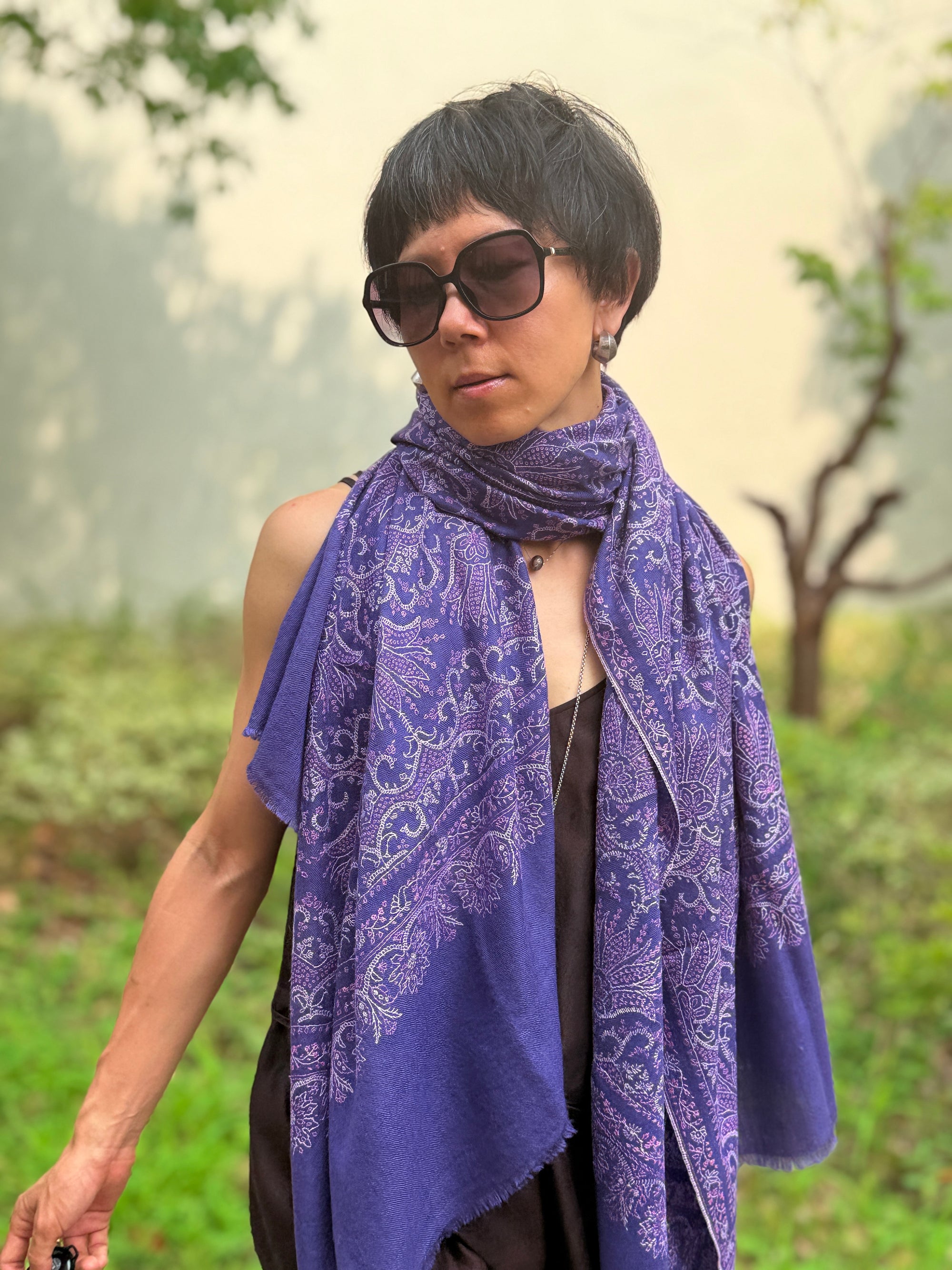 Purple Lotus Design Embroidered Pashmina Shawl