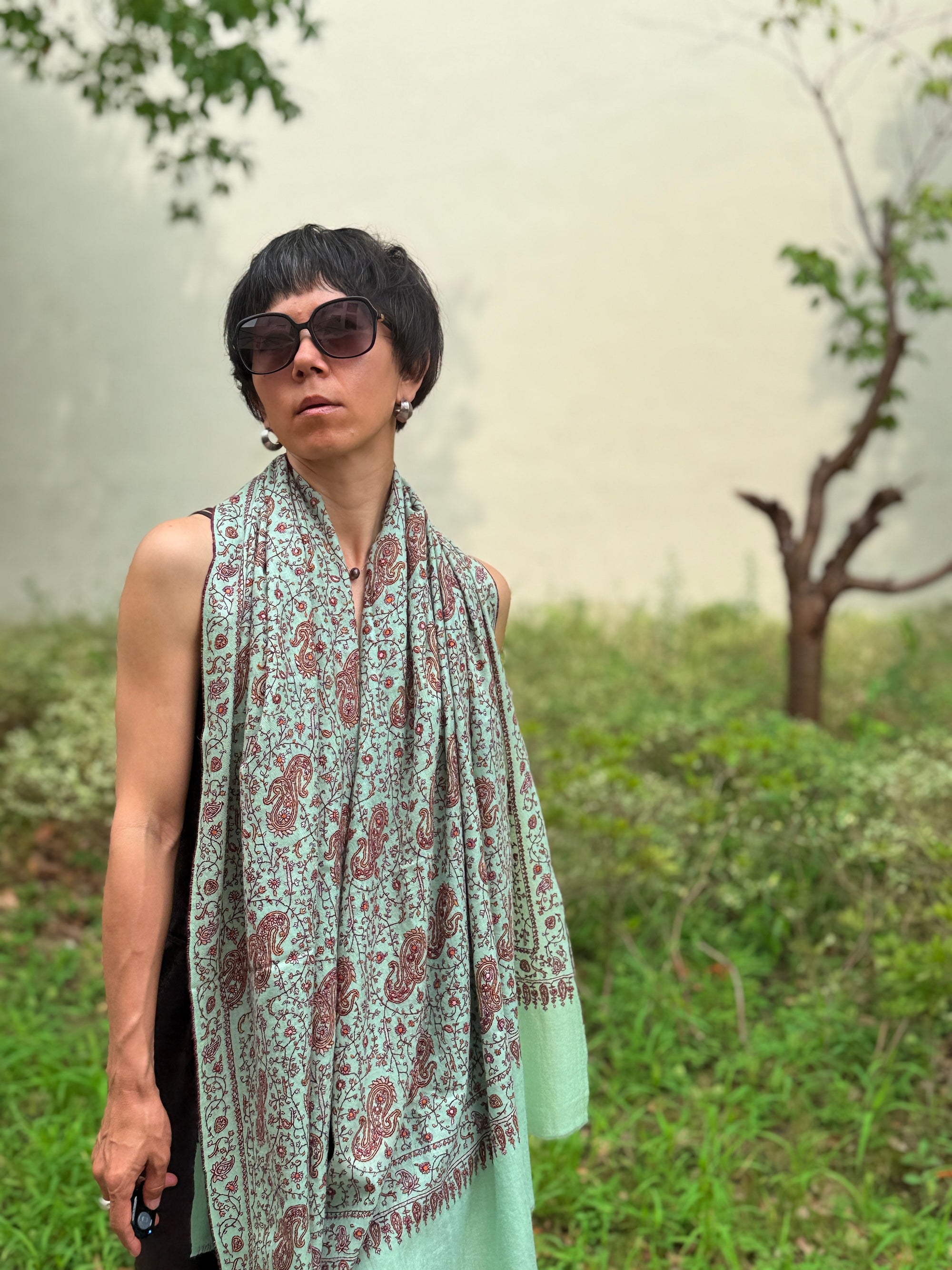 Turquoise Paisley Design Embroidered Pashmina Shawl