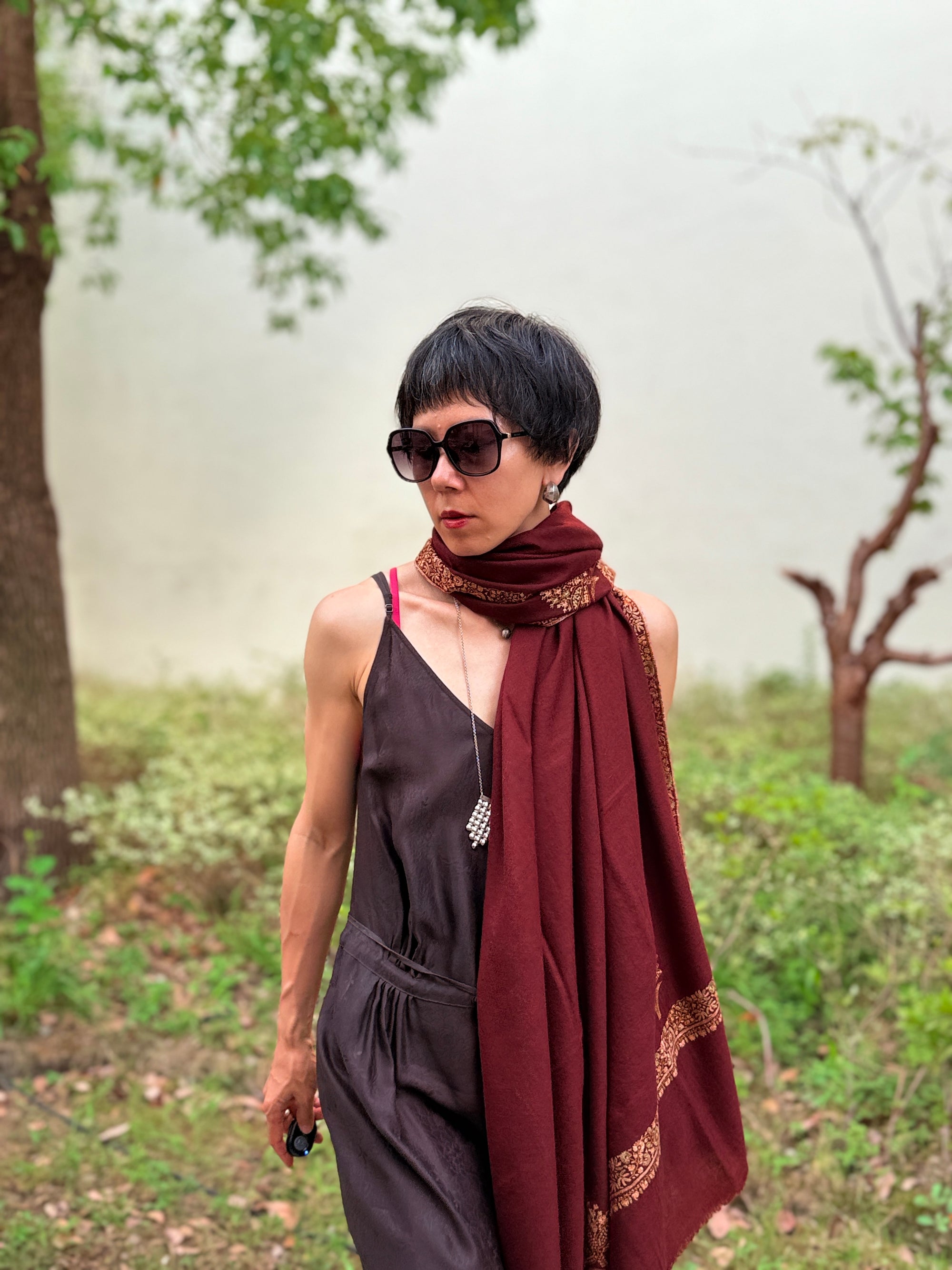 Maroon Silk Embroidered Pashmina Shawl