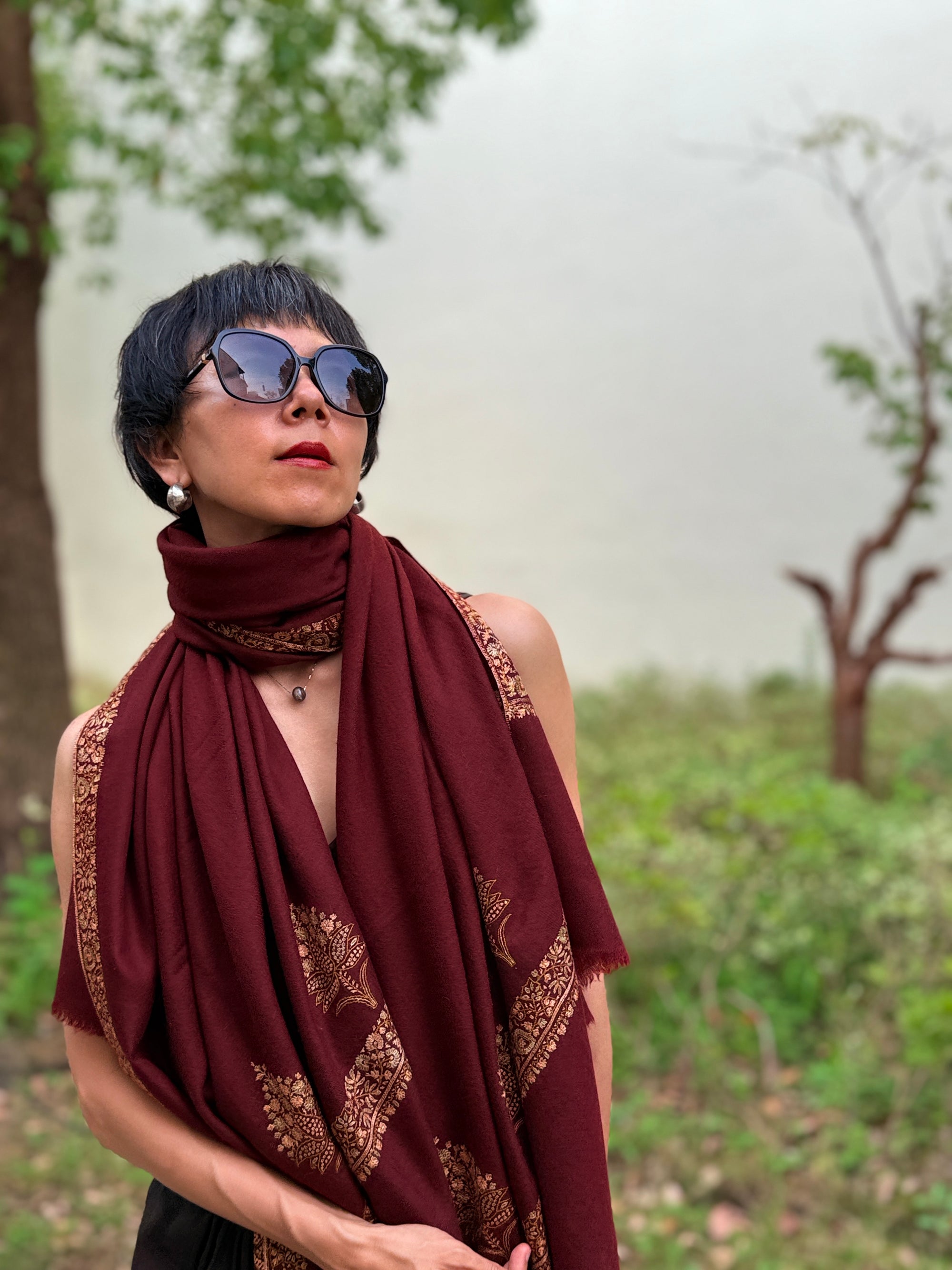 Maroon Silk Embroidered Pashmina Shawl