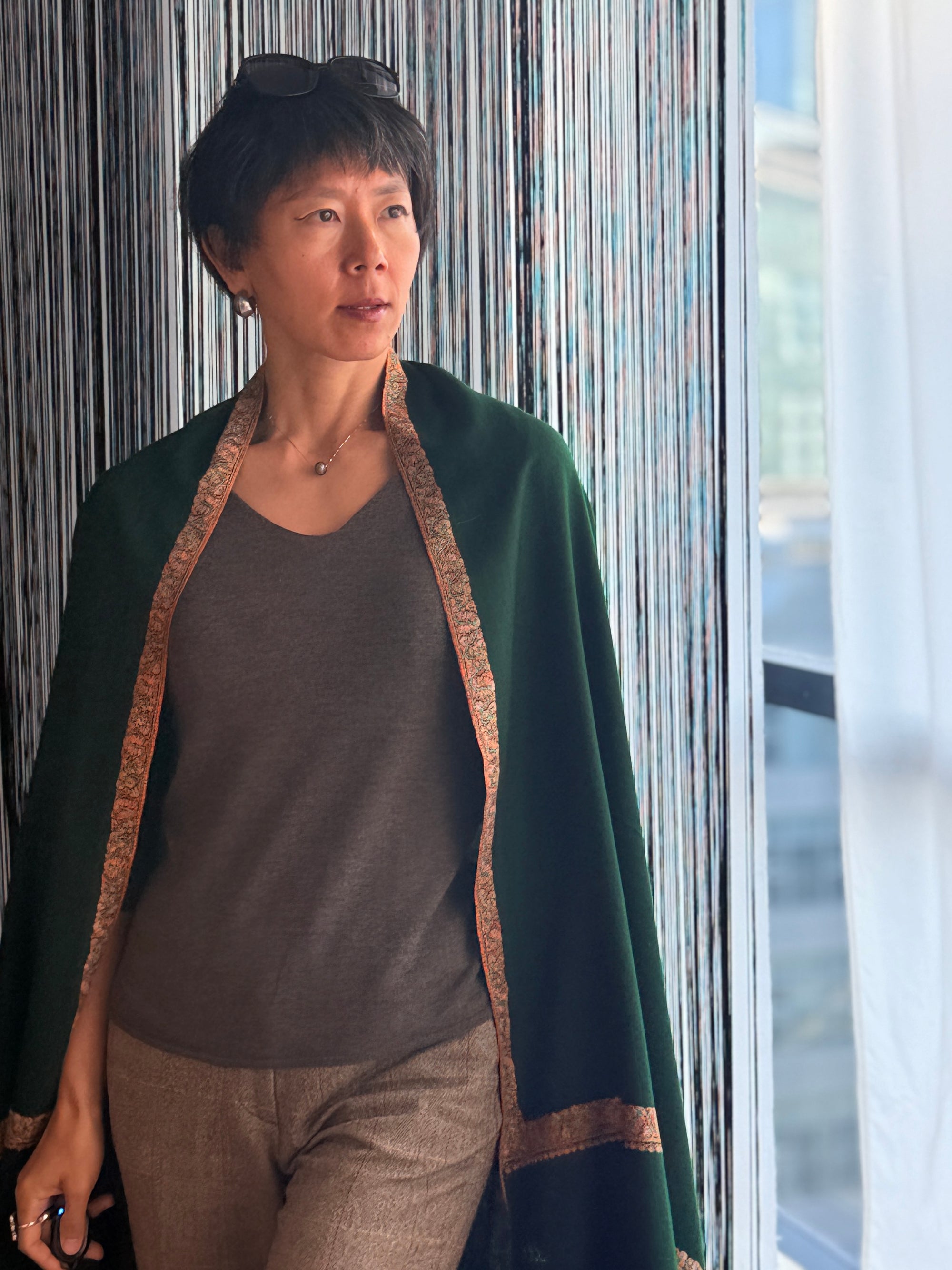 Vintage Emerald Green Hashia Embroidery Pashmina Shawl