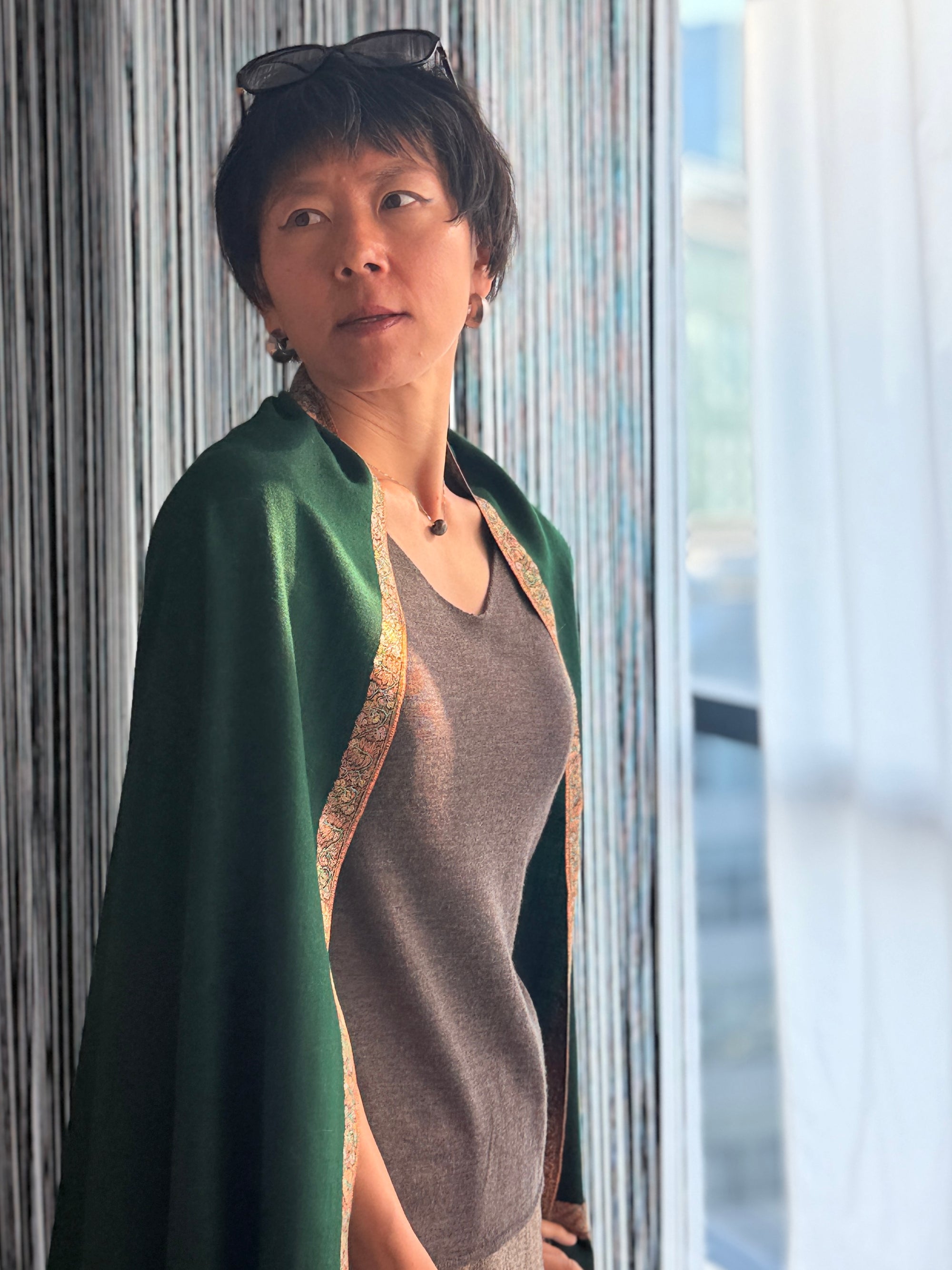 Vintage Emerald Green Hashia Embroidery Pashmina Shawl