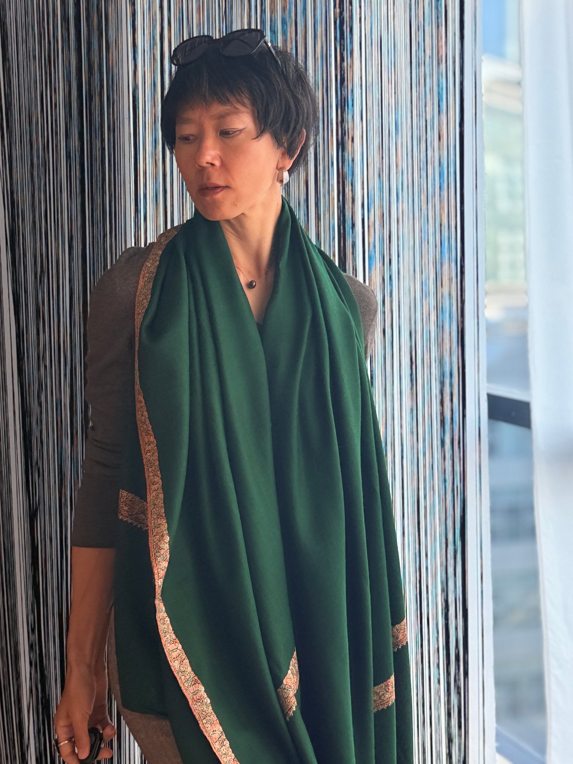 Vintage Emerald Green Hashia Embroidery Pashmina Shawl